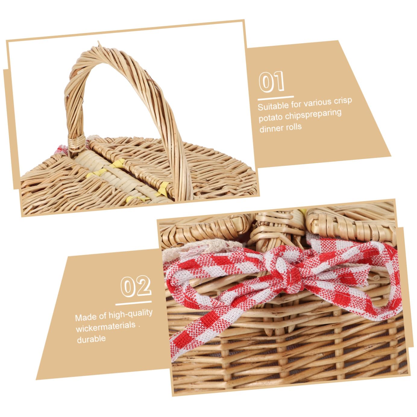 Cesta de Tejido de Mimbre para Picnic al Aire Libre Tapa, Tamaño 26x18x15 Cm, Color Natural Forro Rojo a Cuadros, Cesta Multiusos para Frutas y Alimentos