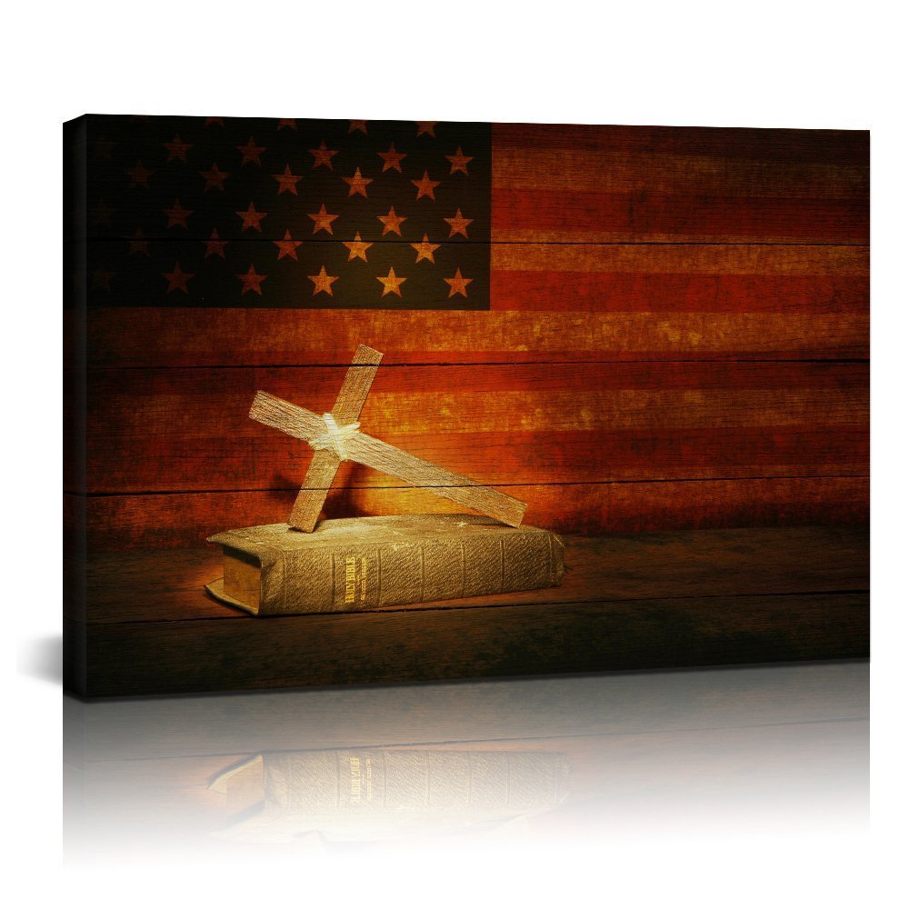 Sea Charm Canvas Prints Wall Art Christian Cross Holy Bible in Vintage American Flag Poster Home Decoration Stretched Gallery Canvas Wrap Artwork Ready to Hang (24x36inches)