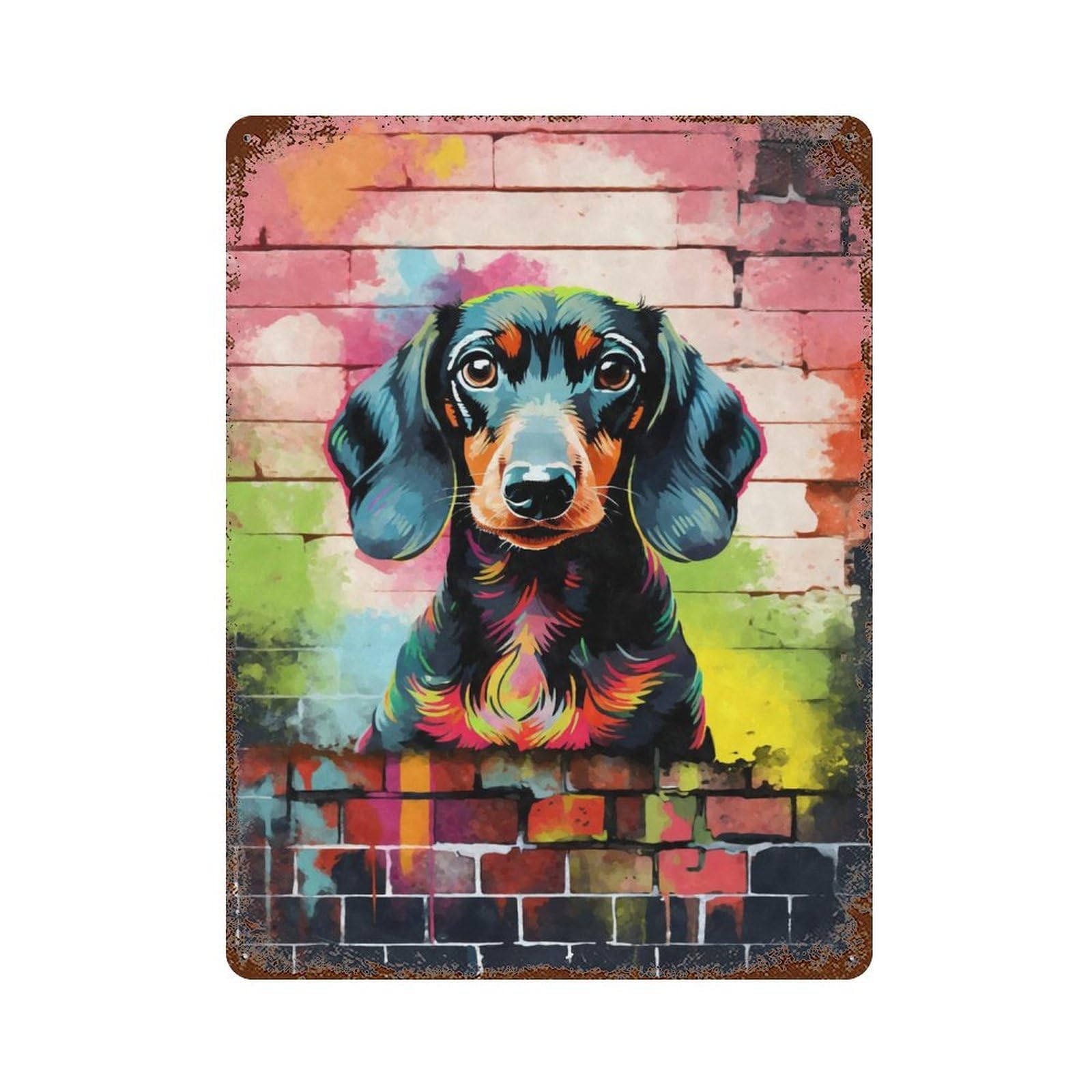 Dachshund Dog Graffiti Rusty Metal Tin Sign 15.7"x11.8", Industrial Home Decor for Garage, Pub Or Kitchen