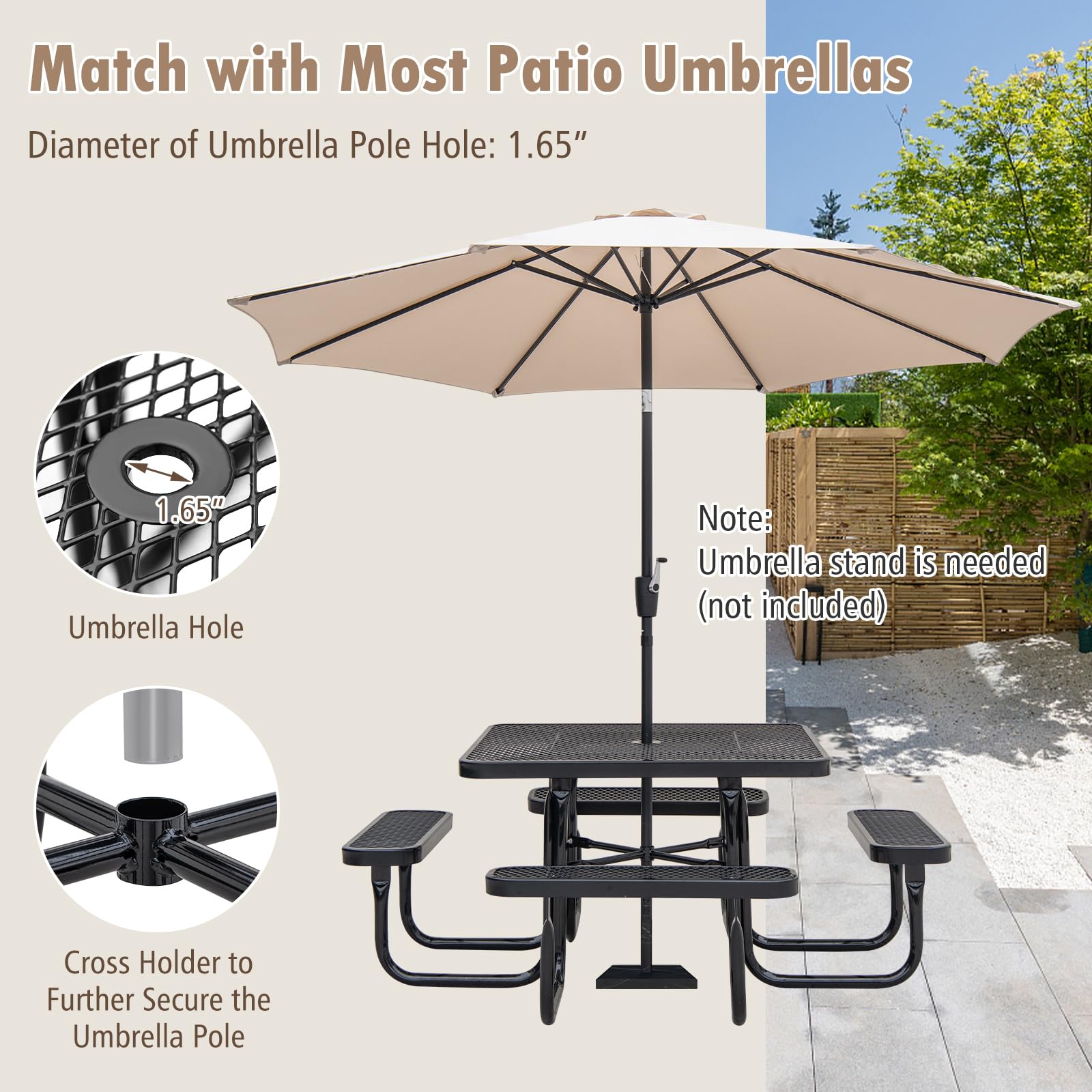 GIANTEX Picknicktafel voor 8 personen, vierkante tafel en 4 banken van HDPE, met parasolgat, houtachtige textuur, voor tuin, terras, grijs