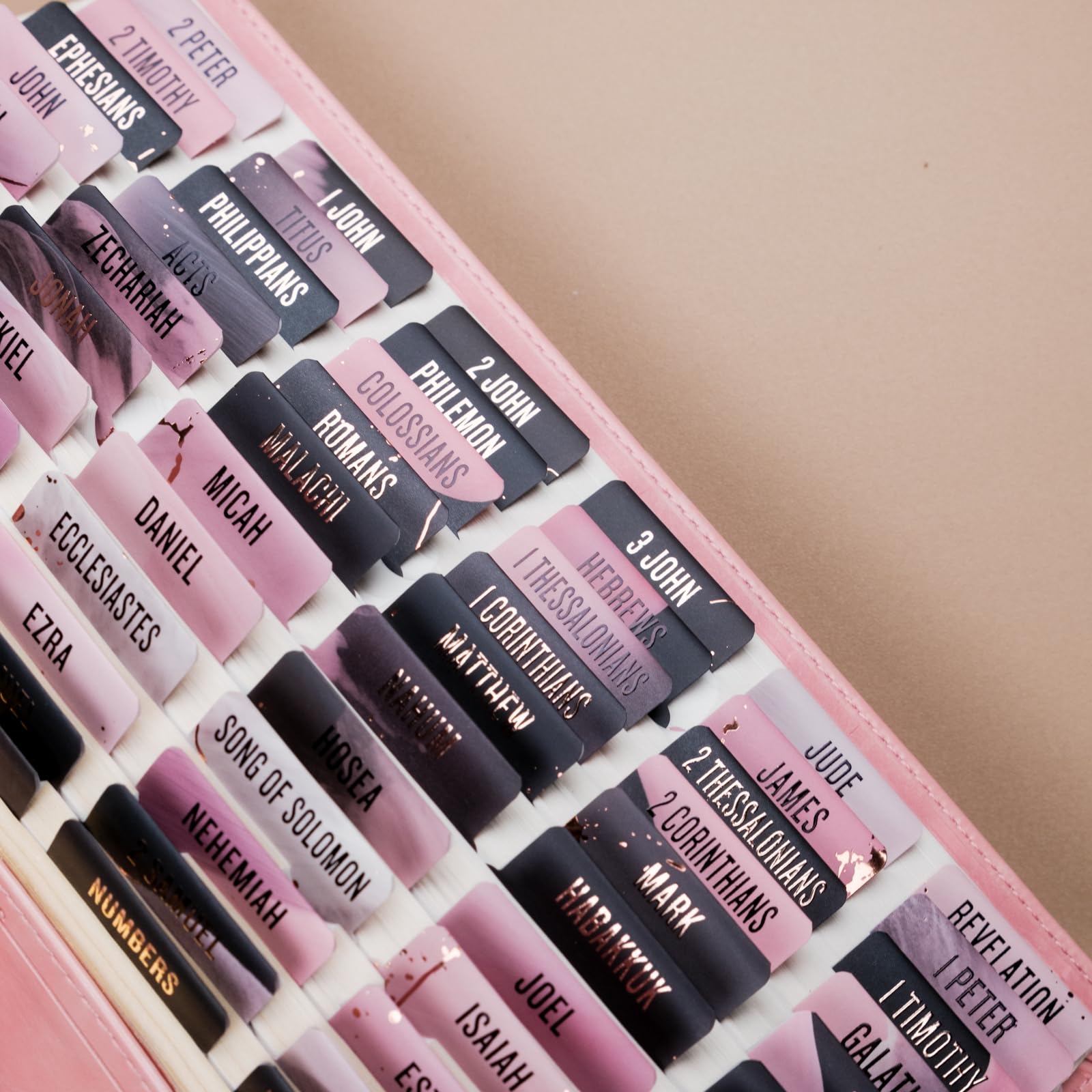 UPAFEXXI-Laminated Bible Tabs (Rose Gold and Black Foil Embossed Lettering), Bible Tabs for Women, Reposition Large Print Stickers, Easy to Read and Apply, 80Chapters Labels for Easy Navigation