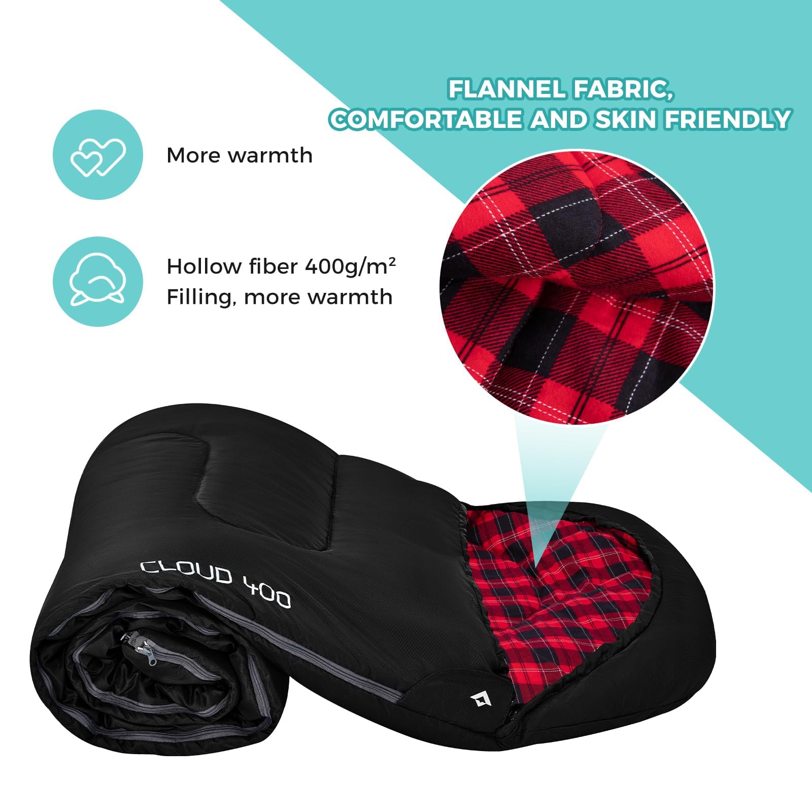 KingCamp for Adults, Winter | Flannel Lined Cold Weather 4 Season Sleeping Bag Sacos de Dormir Grandes y Altos, Ligeros, Resistentes al Agua para Camping, mochileros, Senderismo, Color Negro Derecho