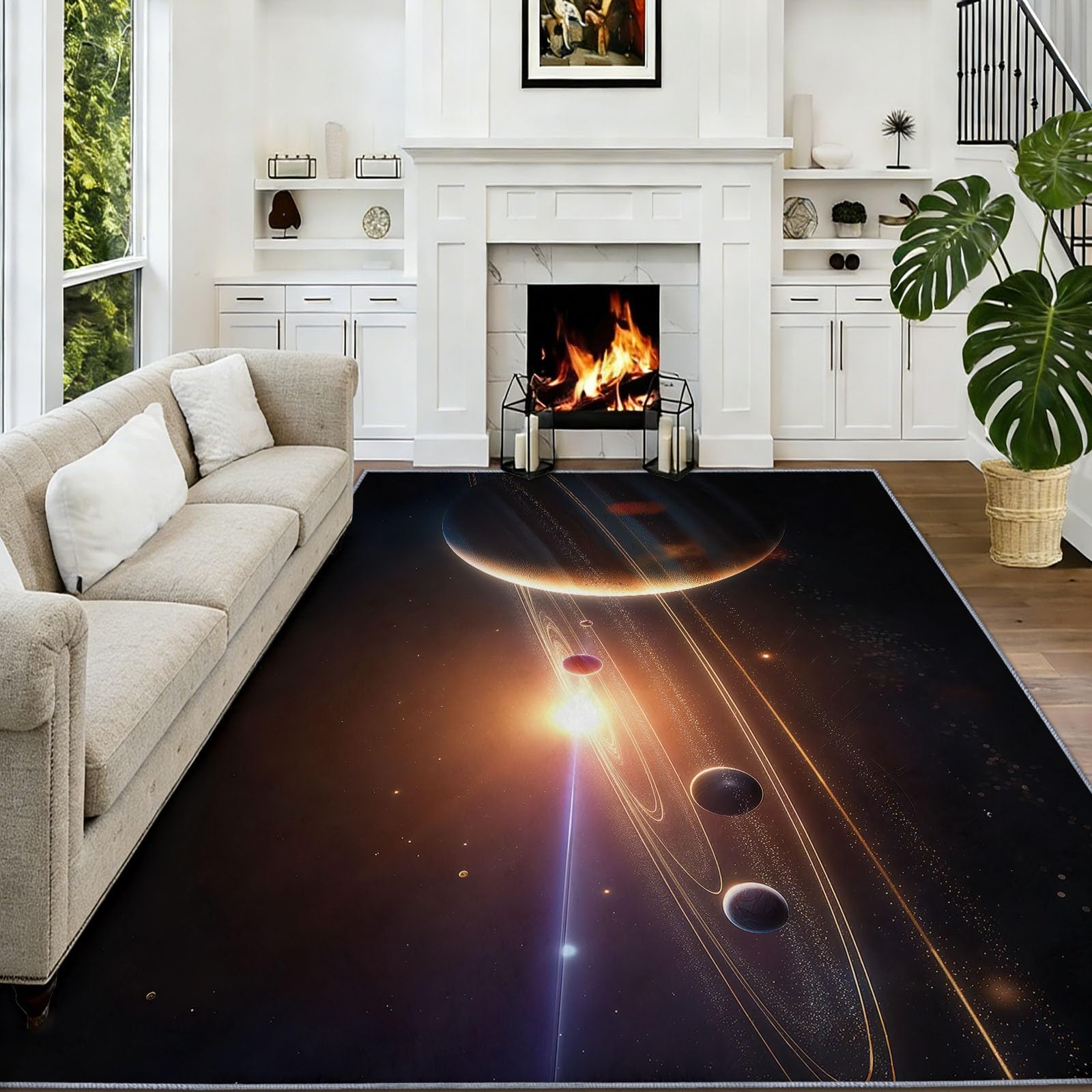 Waschbar Teppich Wohnzimmer 140 x 200 cm, Rutschfester Schwarz Wohnzimmerteppich - Kurzflor Hyperrealismus Sonnensystem Filmisch Planeten Teppiche Matte für Schlafzimmer Esszimmer Office Kinderzimmer