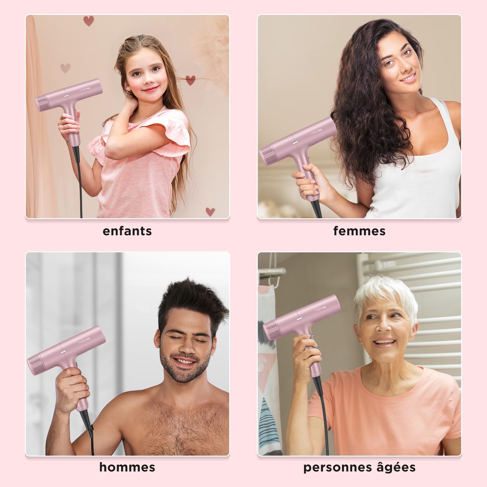 PARWIN PRO BEAUTY Sèche-cheveux ionique unique moteur sans balais de 110 000 tr/min à faible bruit microfiltre innovant diffuseur magnétique écran LCD pour la maison le salon et les voyages (Rose)