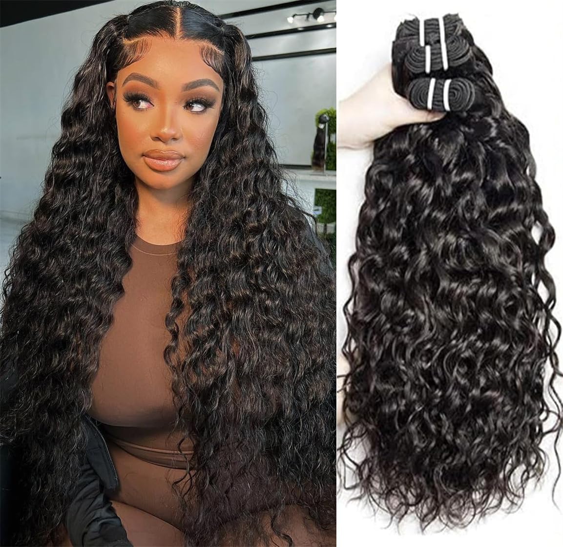Water Wave Bundles Human Hair Water Wave 3 Bundles Soft Brazilian Virgin Human Hair Bundles 100% Unprocessed Short Wet and Wavy Hair Bundles Natural Black 300g 8 10 12 Inch