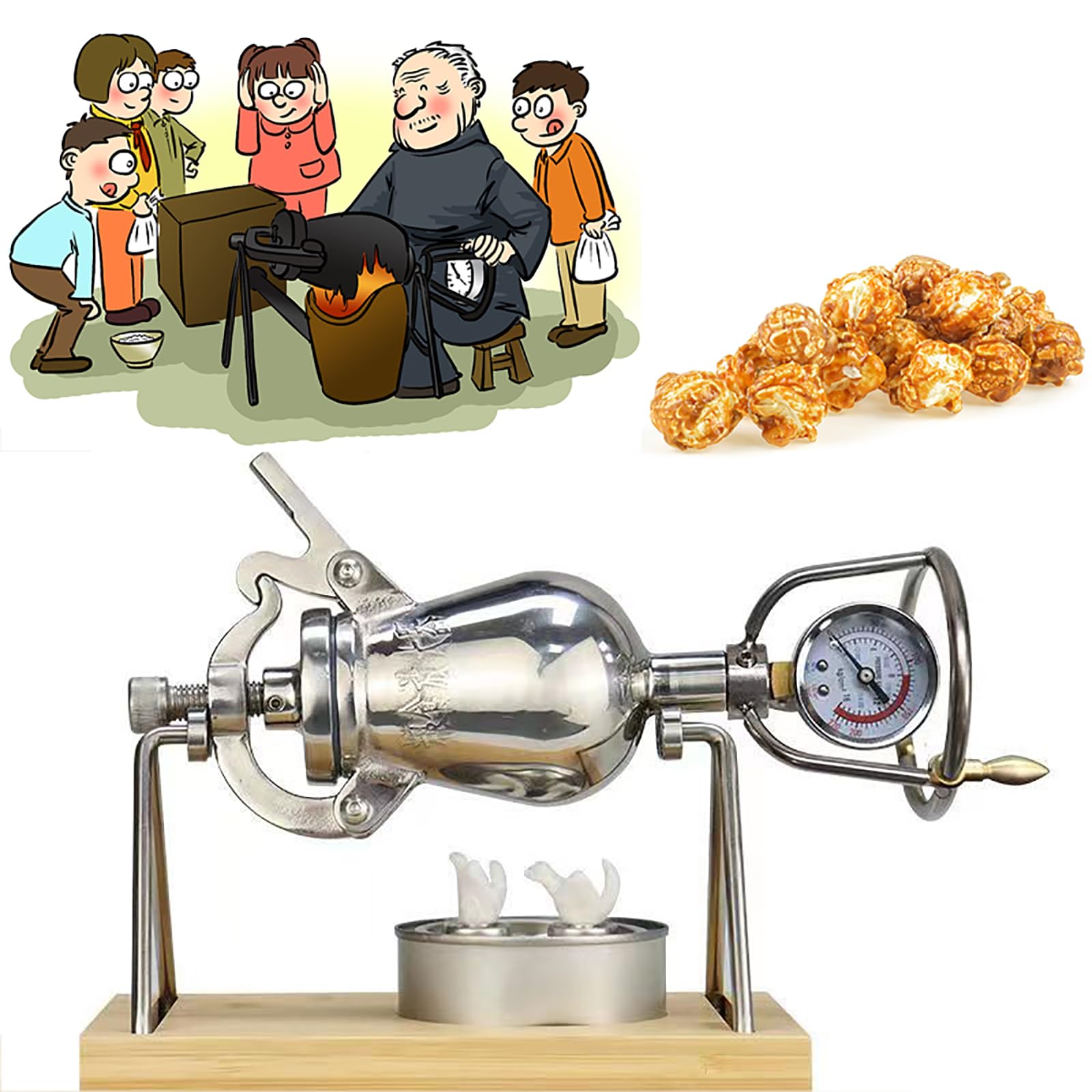 Ręczny Ekspres Do Popcornu, 500ML 304 Mini Ręczny Ekspres Do Popcornu Ze Stali Nierdzewnej Z Odpornym Na Ciepło, Odpornym Na Wstrząsy Manometrem Z Rdzeniem Miedzianym