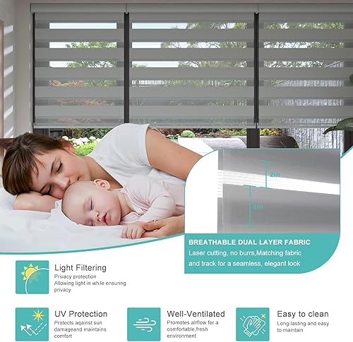 Miniatura 3 de Changshade RBS31GY72A - Persiana enrollable sin cordones estilo cebra con cajón, dos capas de malla y tela opaca para el día y la noche, 31 pulgadas