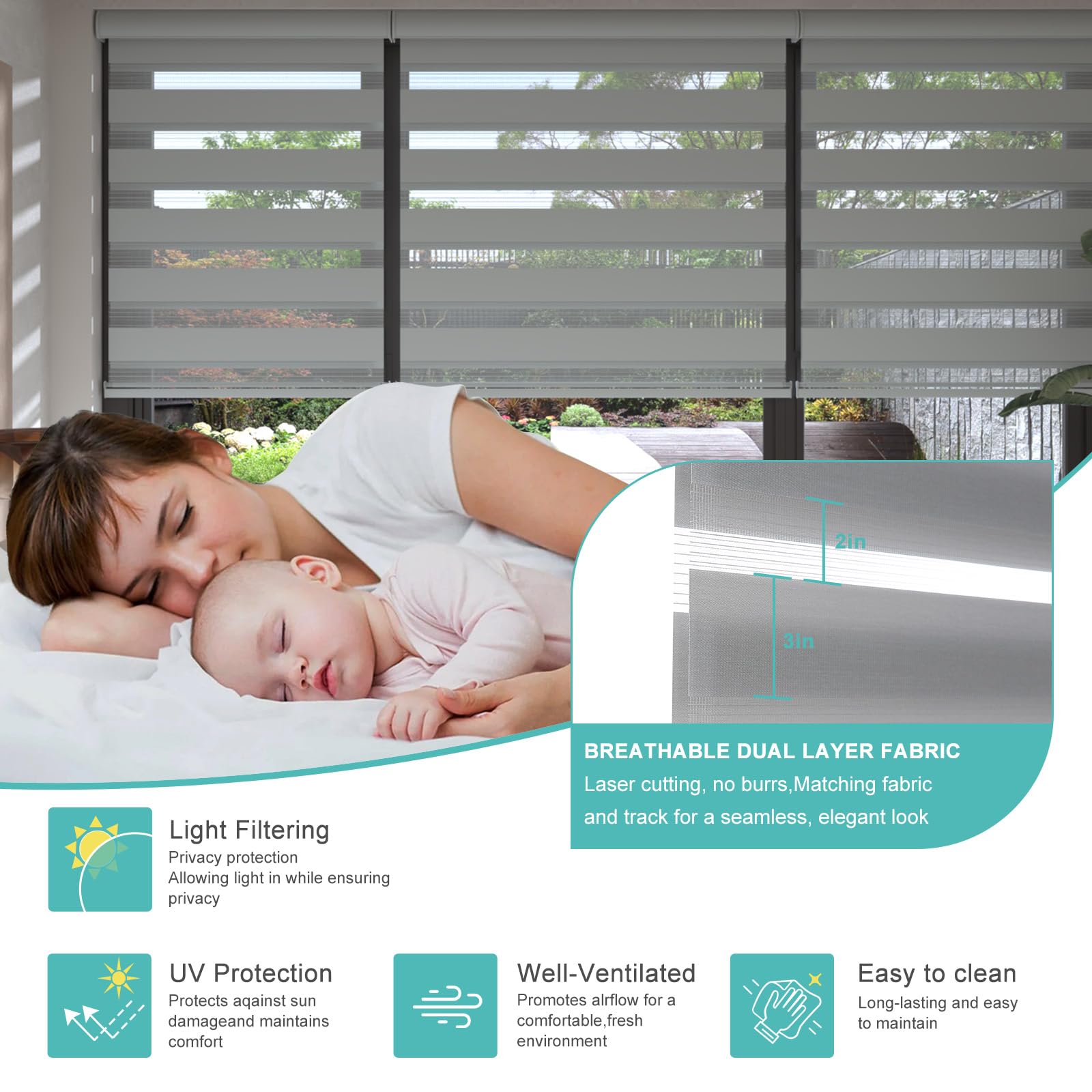 Changshade Persianas cebra inalámbricas para ventanas, modernas persianas de cebra de doble capa con filtro de luz y control de privacidad, persianas cebra fáciles de instalar para ventanas de