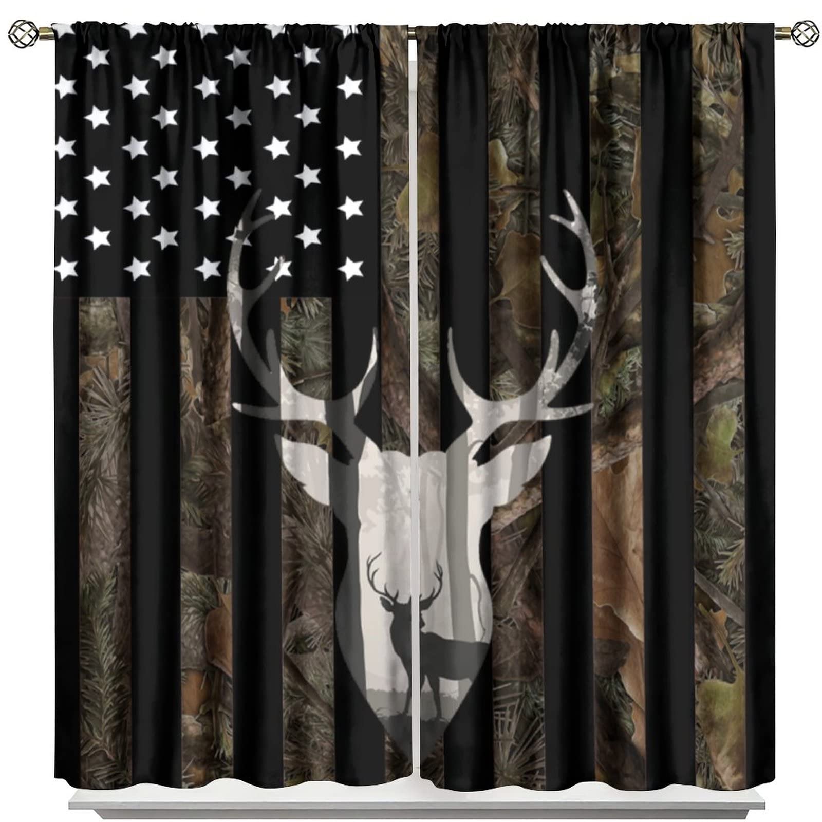 Flag Blackout Curtains,Camo Forest Black White Stars Stripes USA Flag Window Drapes,Deer Silhouette Hunting Animal Vintage Farmhouse Curtains for Kids Boys Girls Bedroom 42x45 Inch