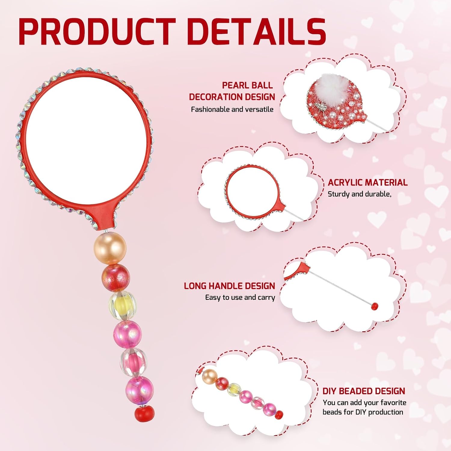 uxcell 2 Pack Beadable Mirrors with Metal, 5.5 Inch Long Bead Mirror Bars Removable, Portable Round Hand Mirrors for DIY Jewelry Making and Beaded Crafts (Red) image 3