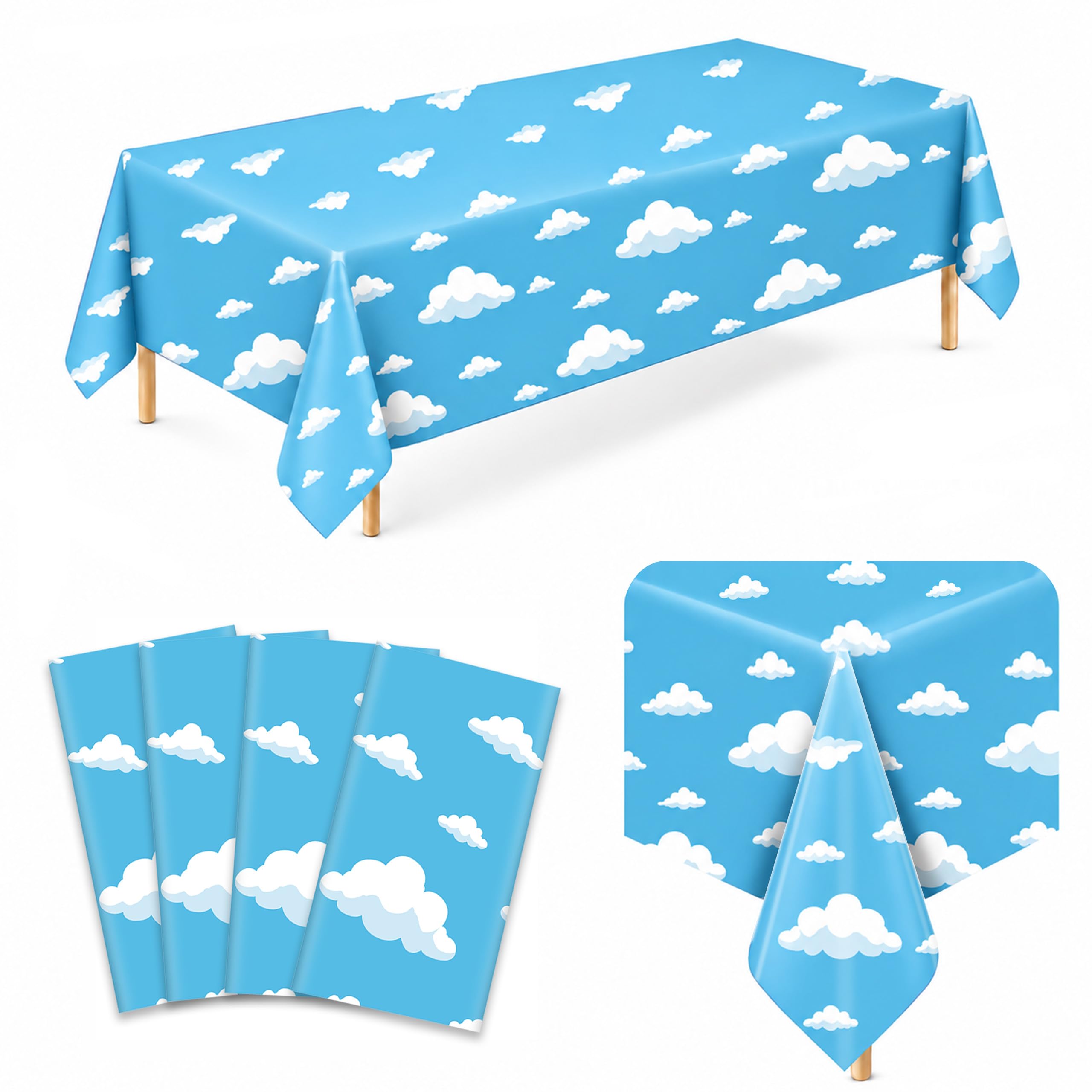 4 Pack Blue Sky Cloud Plastic Tablecloths, 54 x 108 in, Disposable Covers