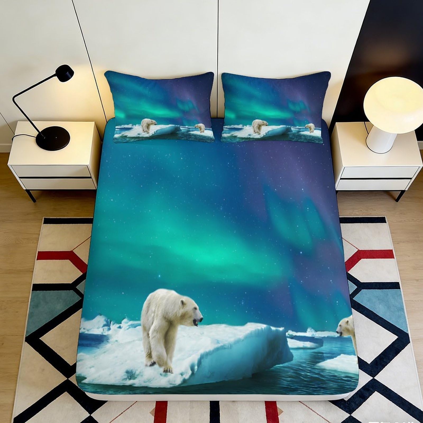 Pnayamiorkfel Style-4 3D Printed Northern Lights Fitted Sheet Microfiber Soft Polar Bear Bed Cover For Bedroom Guest Room Dorm Decor 90X200x25cm