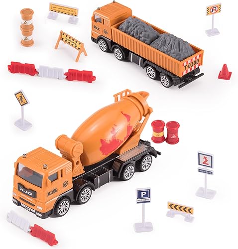 YOOBITION Camiones de juguete para niños de 3 a 5 años, vehículos de construcción, juego de camión volquete, mezclador de cemento y accesorios,