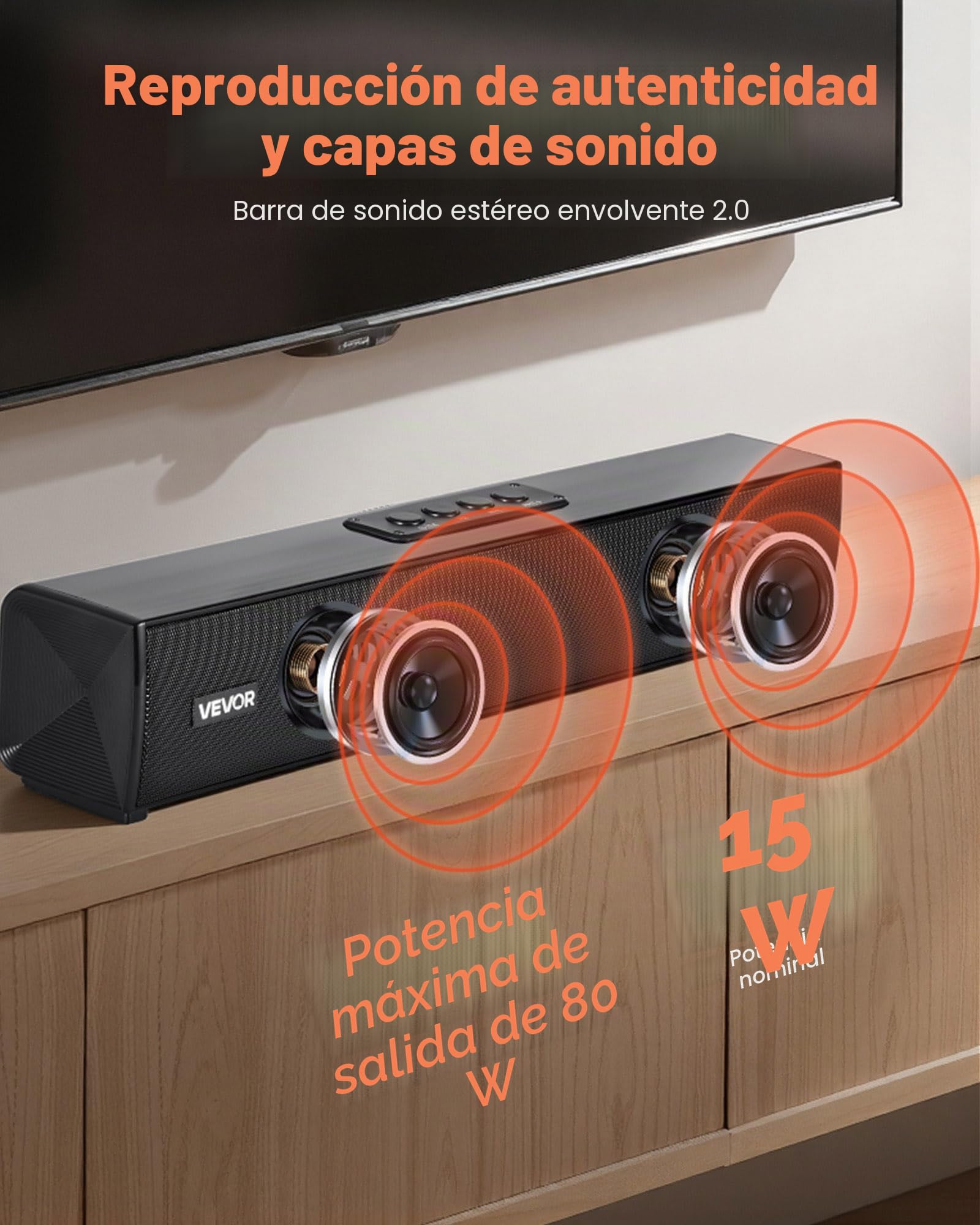 VEVOR Barra de Sonido para Smart TV, 2.0 Canales, Altavoces Compactos de 450 mm para Proyector, Puerto Auxiliar Bluetooth, Control Remoto, Sistema de Sonido Envolvente 80 W para Cine en Casa y PC