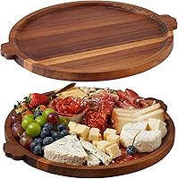OrganicVilo Acacia Wood Charcuterie Board - 13" Round Serving Tray with Handles, Ottoman Coffee Table Platter for Cheese & Parties