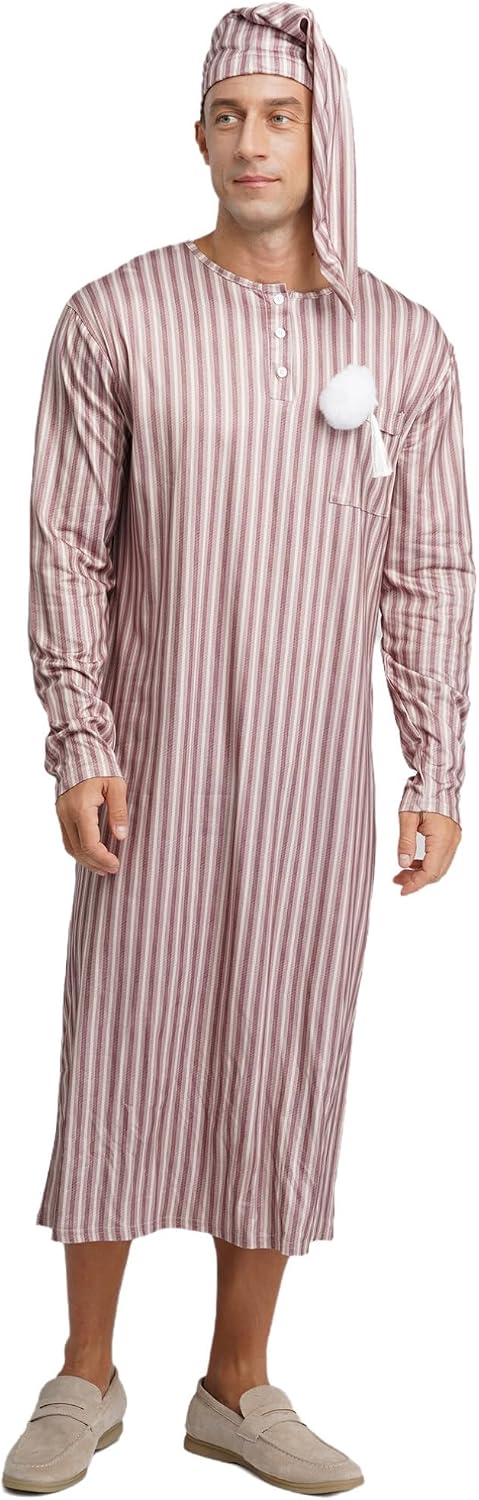 YiZYiF Men's Striped Robe Button Up Long Sleeve Kaftan Thobe Long Gown Nightshirt with Sleeping Cap