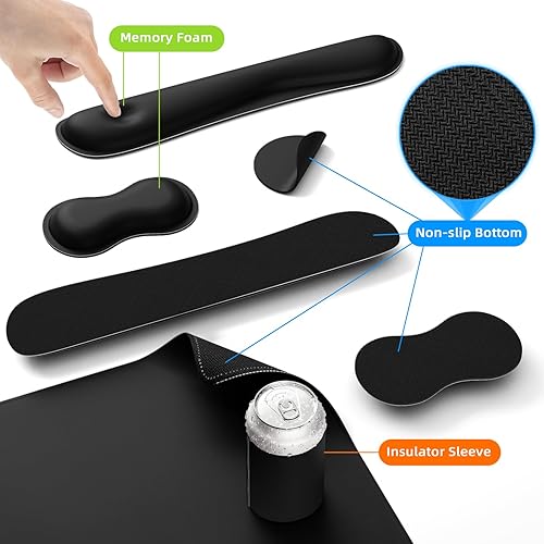 Miniatura 2 de Juego de alfombrillas para mouse y teclado 5 en 1, base de goma antideslizante extendida de 34.5 x 15.7 pulgadas, almohadilla de muñeca para teclado