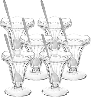 Glokers Dessert Cups, 5.5 Ounce Ice Cream Bowl or Sundae Cup, Clear Glass Tumblers Including Long Handle Stainless Steel Sundae Spoons, Set of 6 Each