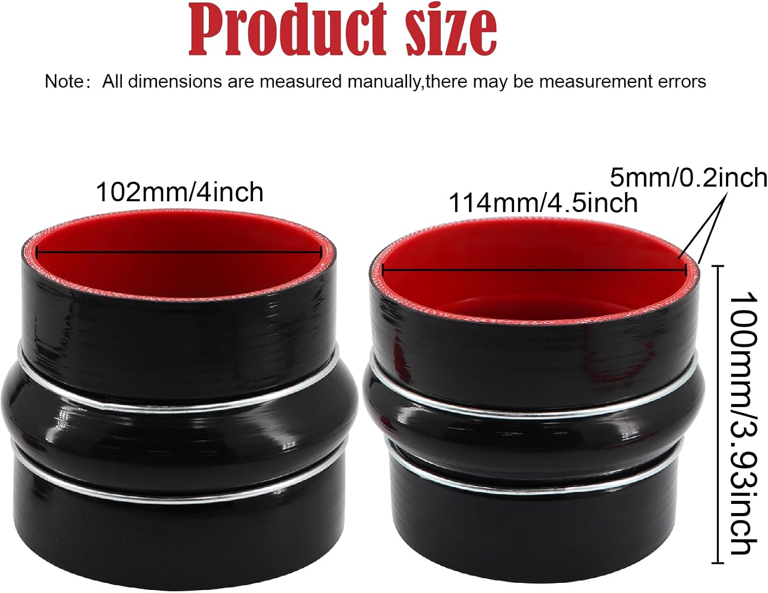 Straight Silicone Reducer Coupler Hose ID 4 to 4-1/2 inches 4 Ply Polyester Reinforcement as Turbocharger Tube Air Intake Pipe with 2 Stainless Steel T Clamps