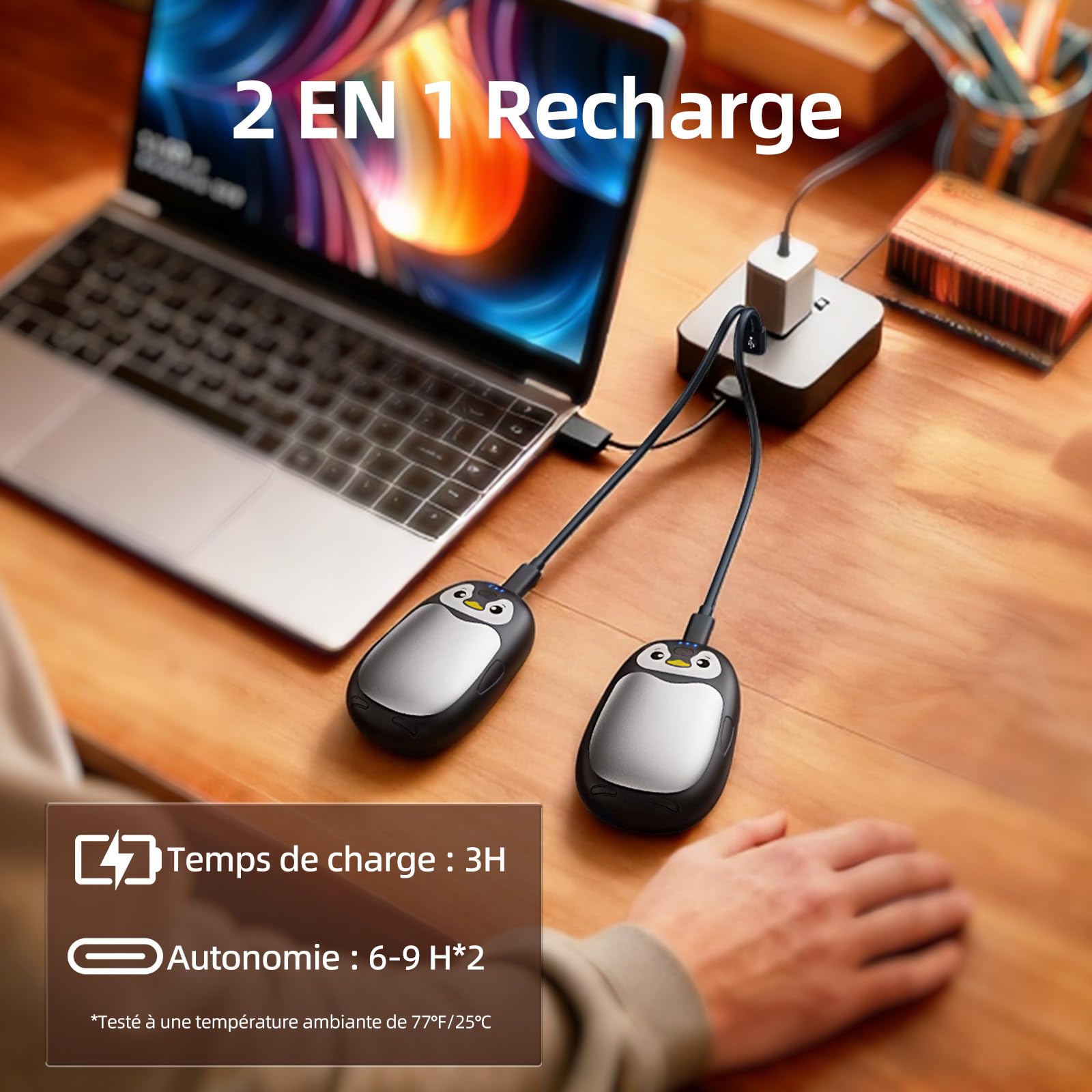 Chauffe Main Electrique 2 en 1, Blanc Chaufferette Main Reutilisable 8000mAh Rechargeable par USB, 3 Niveaux de Chauffe, Cadeaux Hiver Unisexes, pour Camping et Sports en Extérieur