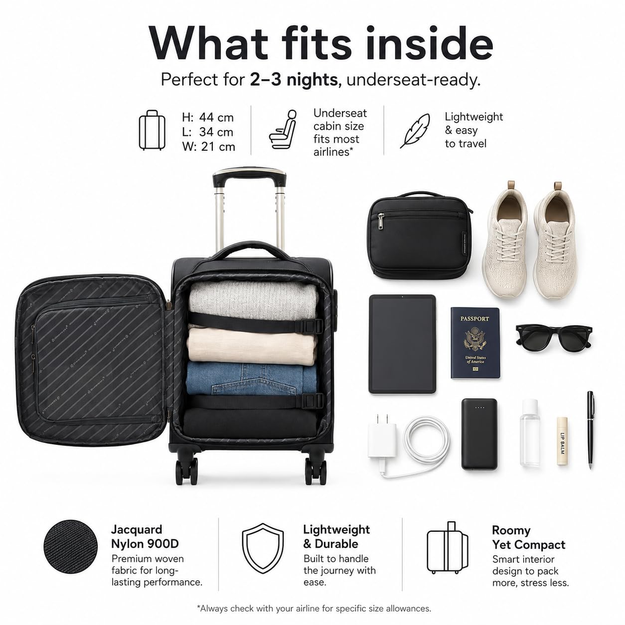 DR543 Softshell-Untersitz-Kabinenkoffer, 900D-Jacquard-Nylon, 8 Doppelspinnrollen, TSA-Zahlenschloss, 2 Fronttaschen mit Reißverschluss, erweiterbar, Markenfutter, Schwarz