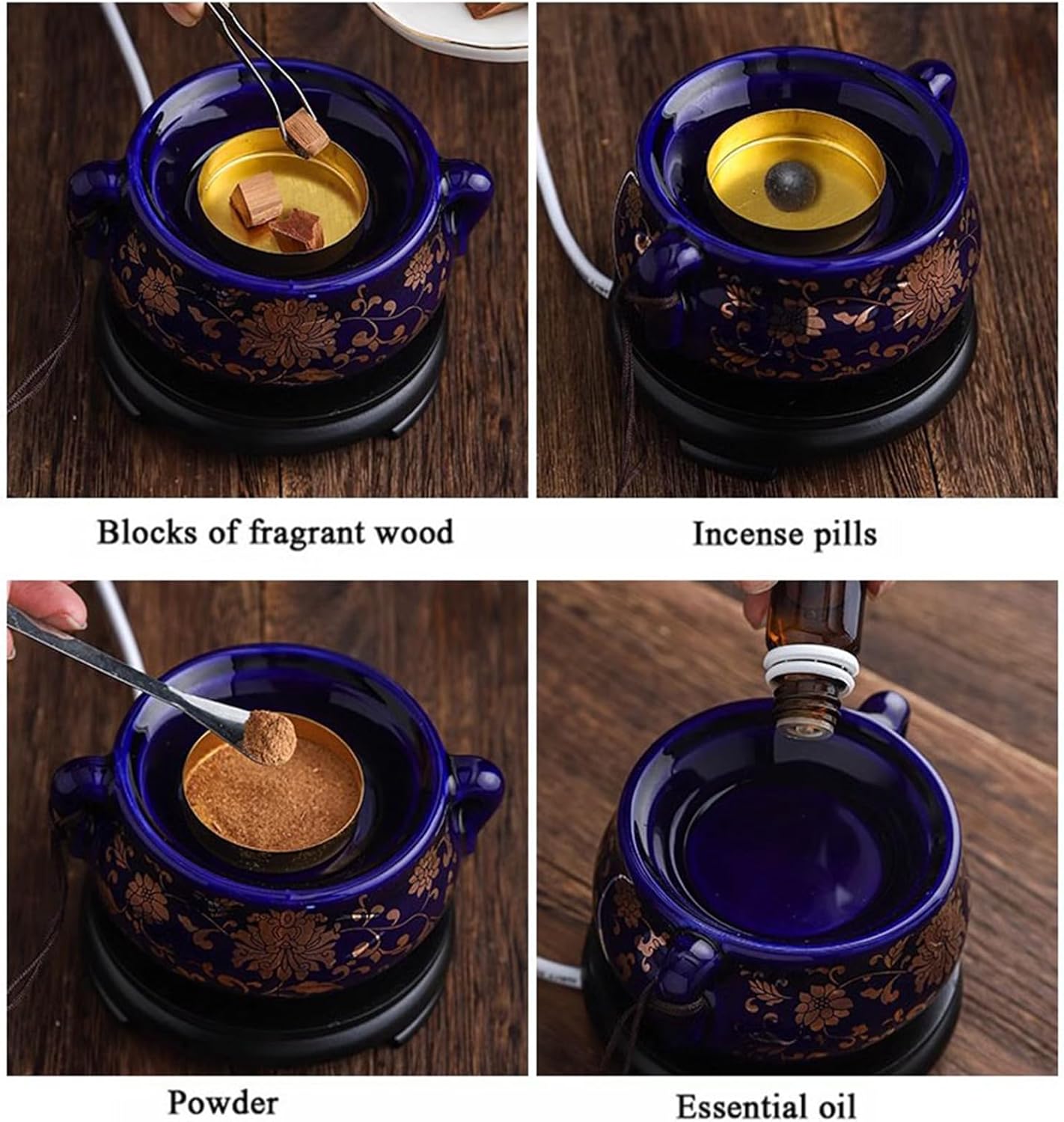 Electric Resin Burner with Timing,Ceramic Electric Incense Burner,Bakhoor Burner Censer 110 V for Home Porch,Patio,Garden,Office,Yoga, Living Room, Meditation Room (Blue Gold)