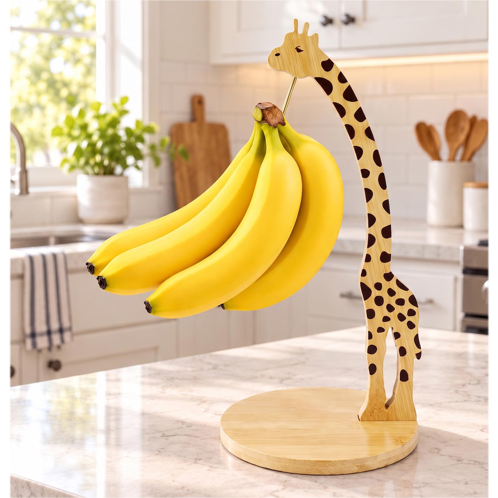Banana Holder Stand, Giraffe Banana Tree, Natural Wood Fruit Hanger with 2 Heavy Duty Metal Hooks, Decorative Kitchen Countertop Organizer for Fresh Bananas, Housewarming Gift