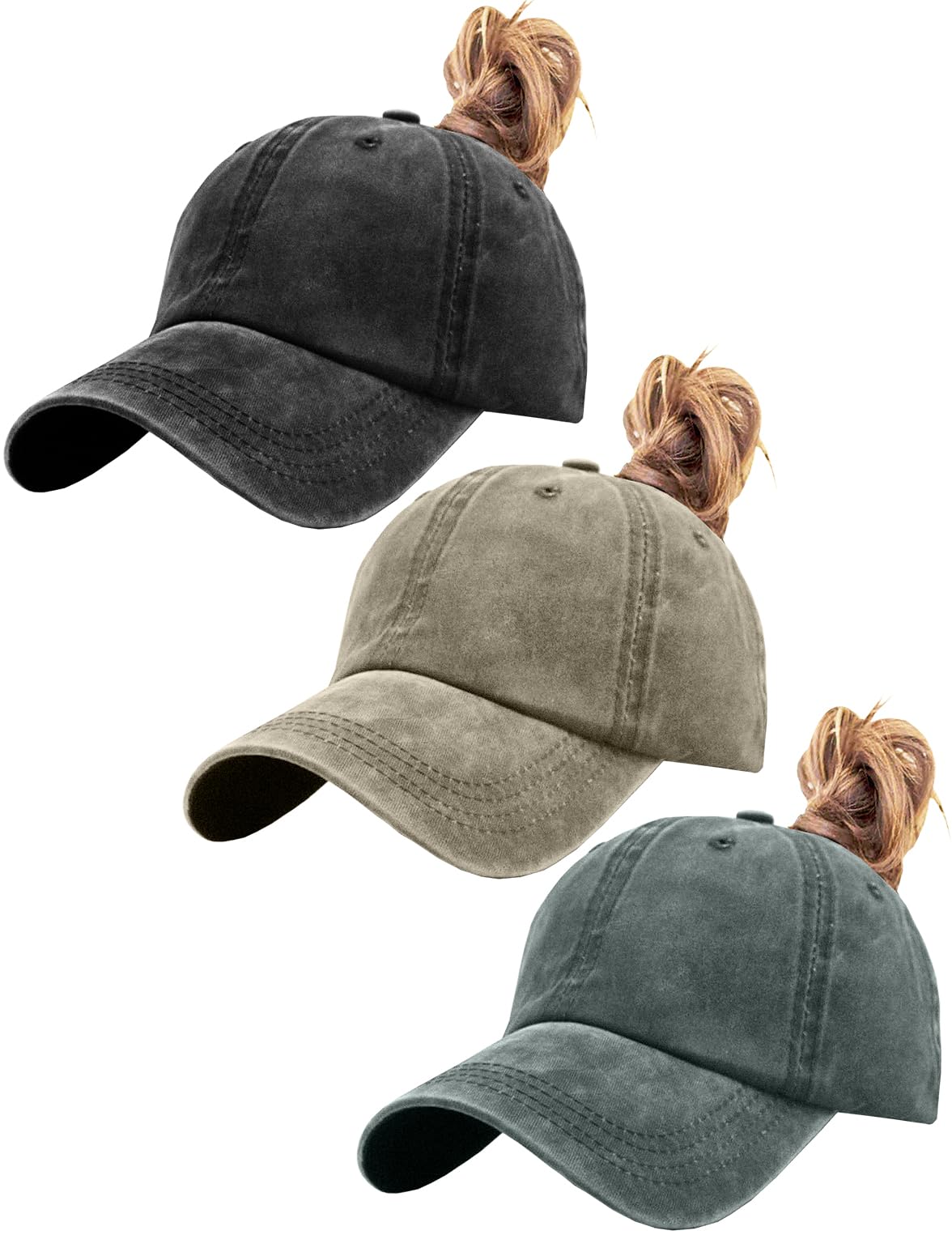 Womens Vintage Washed Distressed Baseball-Cap with Ponytail Hole