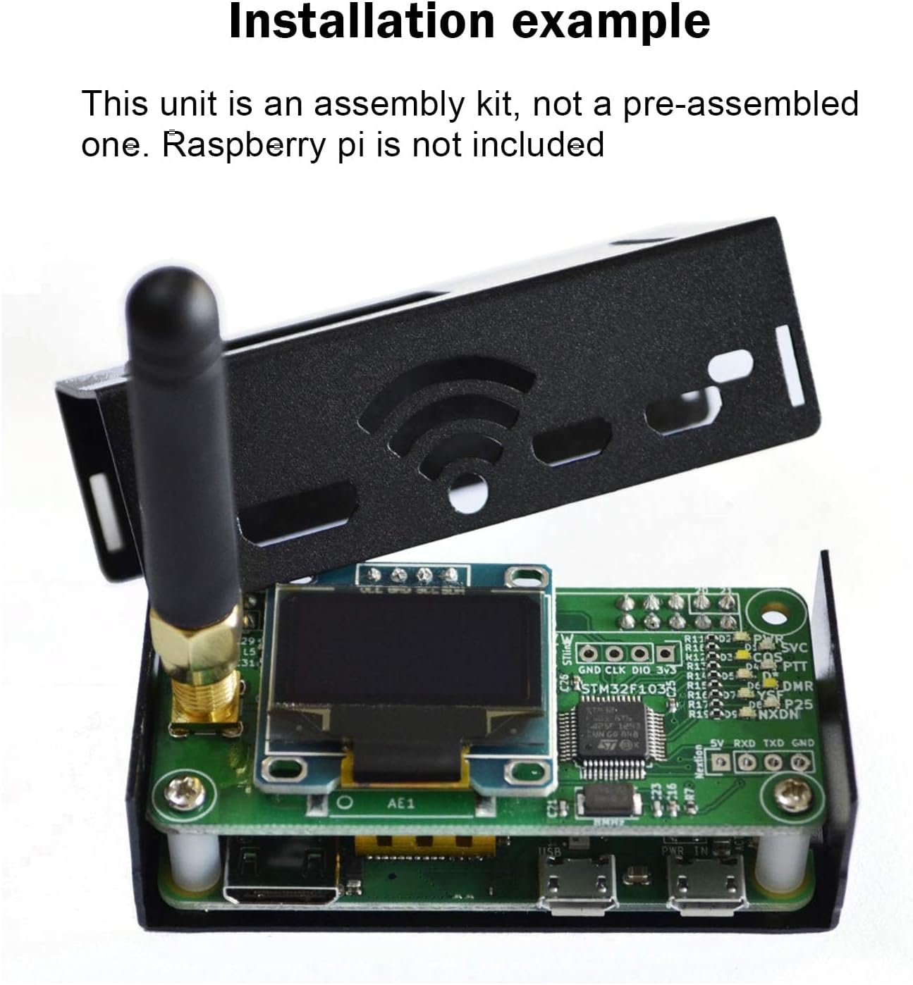 Installation example of MMDVM Hotspot Hat Board on Raspberry Pi inside an aluminum case