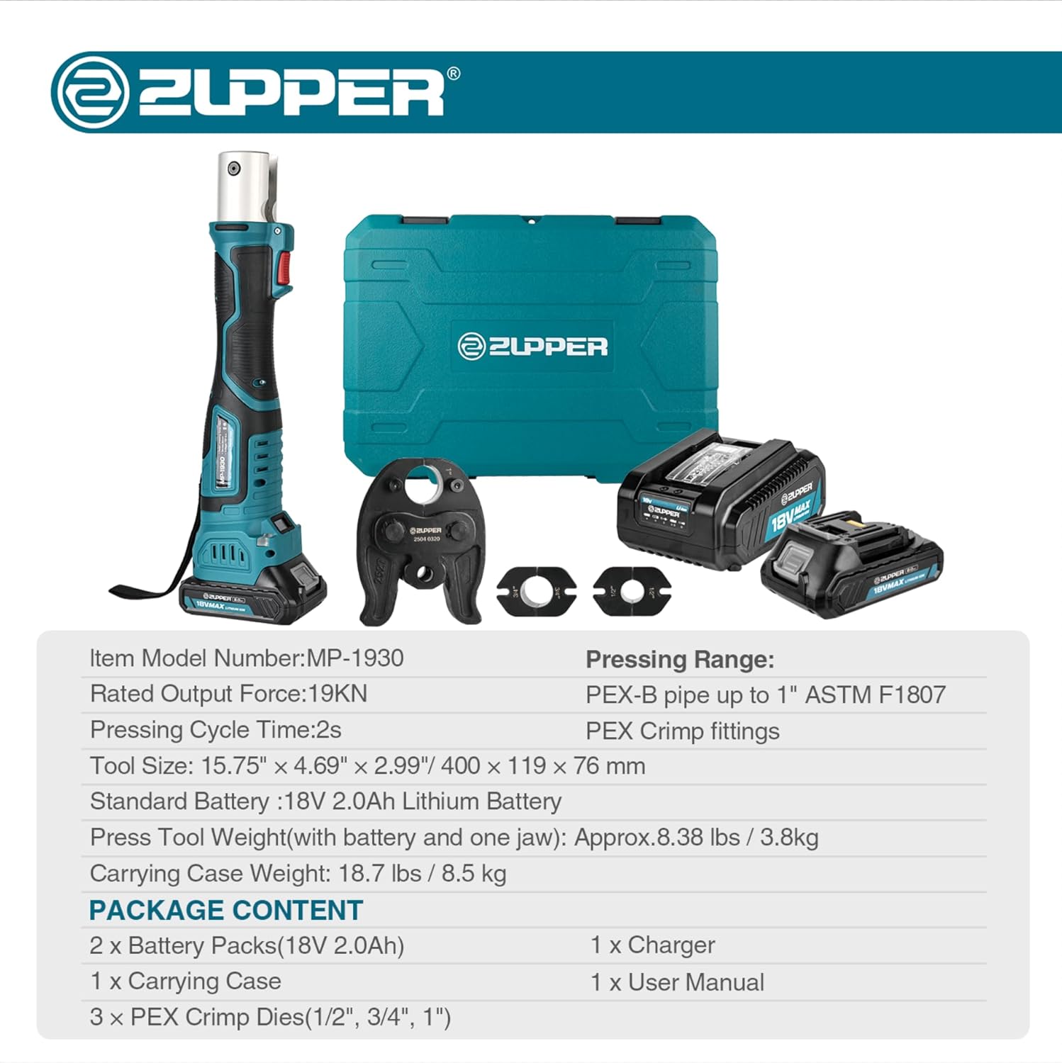 ZUPPER Mini Press Tool kit with 3 PEX Crimp Dies F1807 1/2", 3/4", 1", Brushless Motor, 2pcs Battery, Fast Charger & Carrying Case