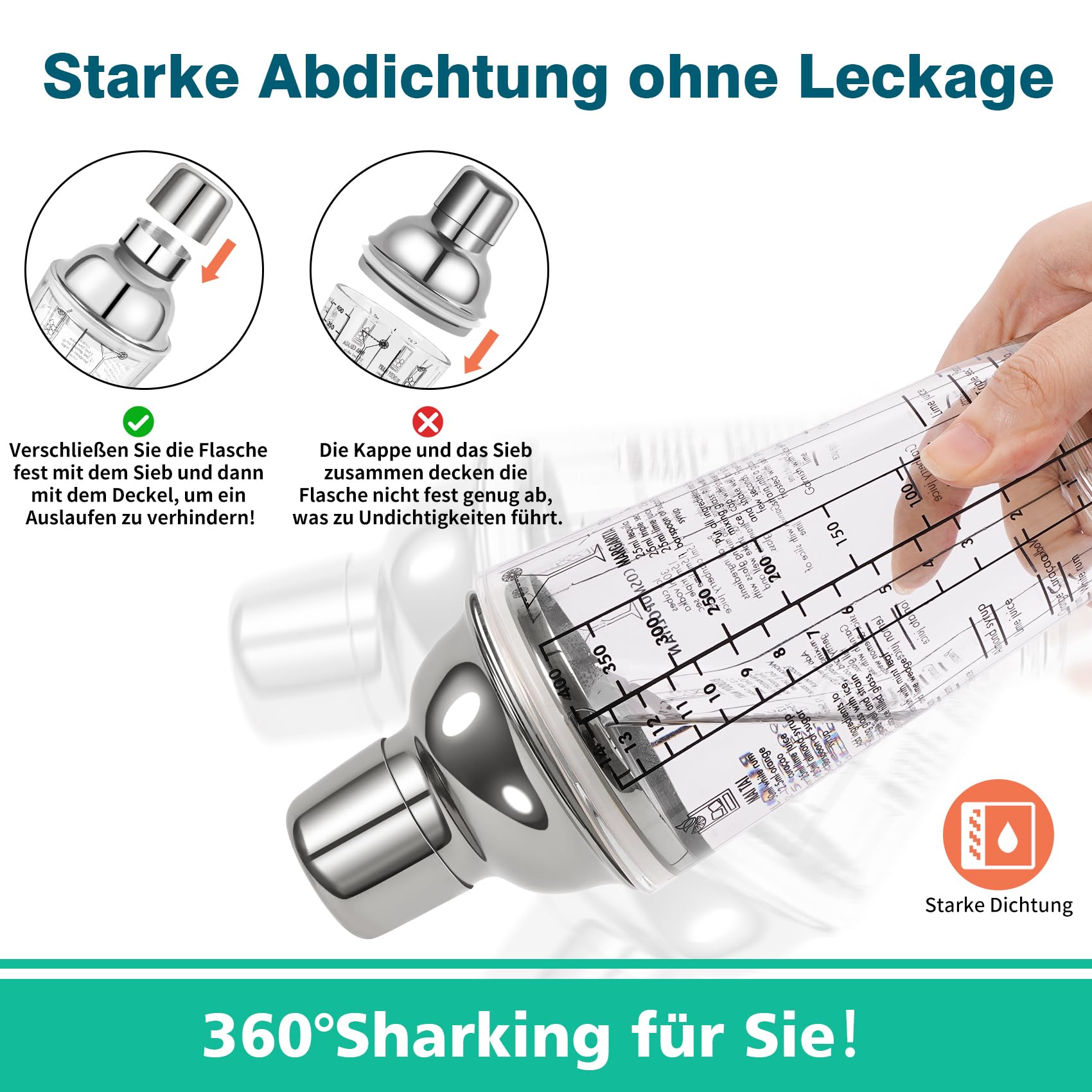 14oz Cocktail-Shaker-Set aus Glas, 4-teiliges Barkeeper-Set, Martini-Mixer-Shaker mit integriertem Sieb, Rührlöffel, Messbecher und Stößel, Bar-Werkzeugset für Anfänger (Silber)