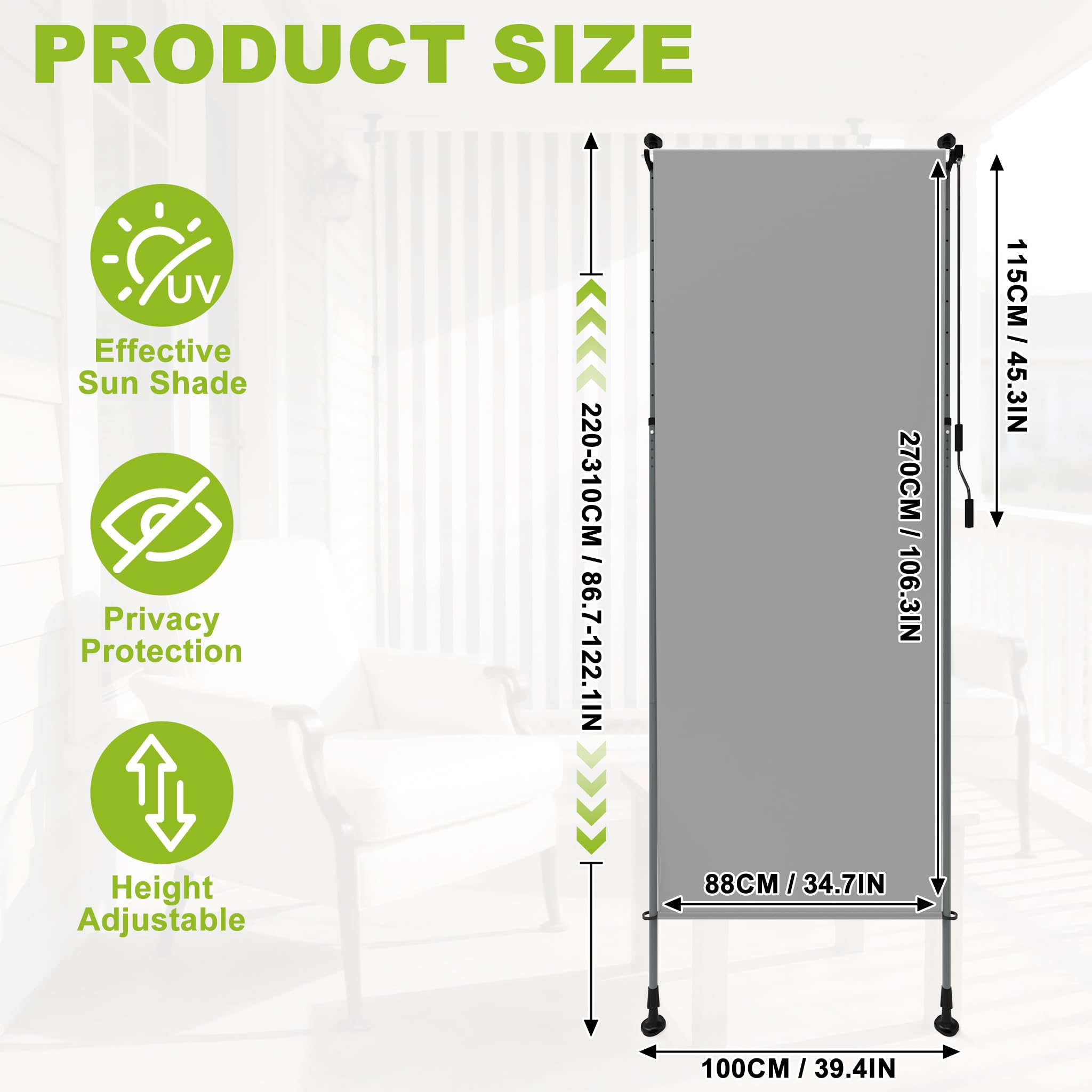 Tenda da sole verticale con manovella senza foratura 100 x 310 cm impermeabile allungabile oscurante grigio chiaro