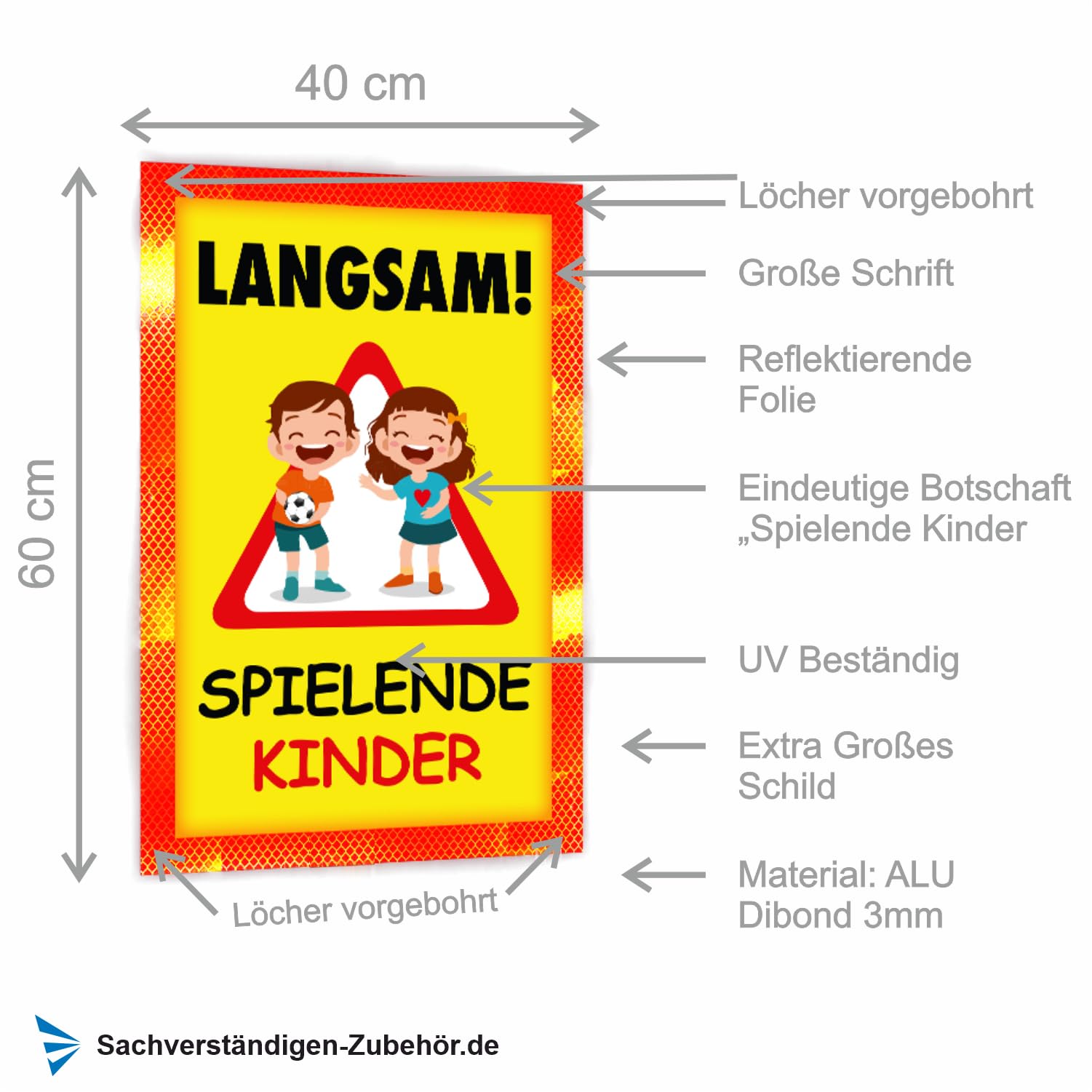 Sachverständigen-Zubehör® Achtung Kinder Sicherheit Schild XXL aus Metall [3 mm] mit Reflektoren [reflektierend leuchtend] Verkehrsschild Warnschild 60 x 40 cm Pylonen Warn Aufsteller Spielstrasse