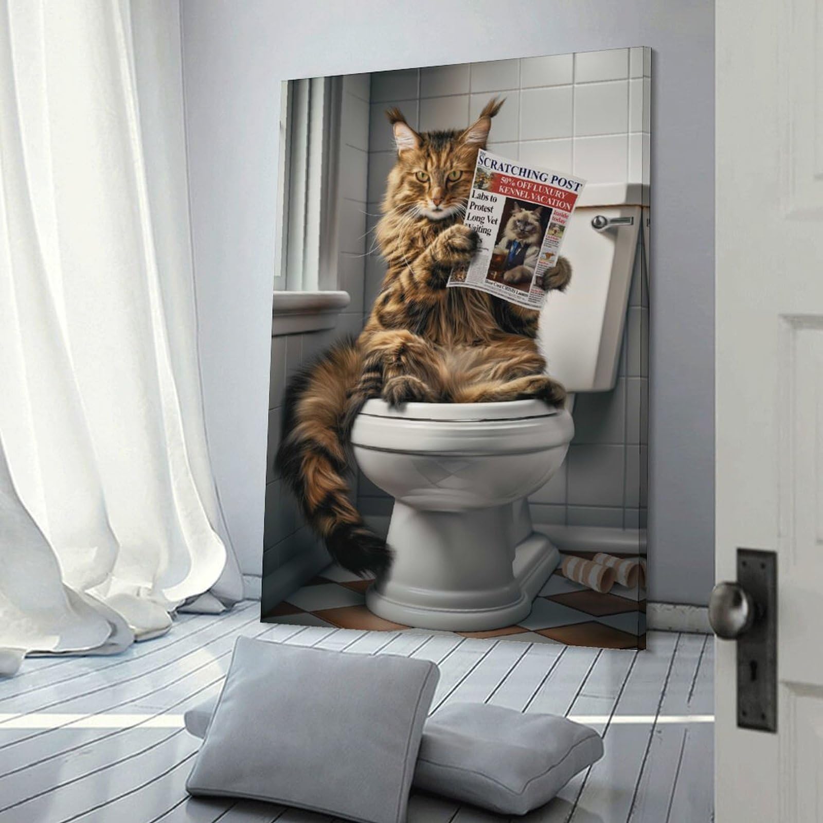 Junmoney Frame-Style-4 Decorative Wall Artwork Maine Coon Cat On Toilet, 24X36inch(60X90cm), For Sofa Walls, Lounge Or Home Corners, Modern Wall Decor For Cosy Interiors