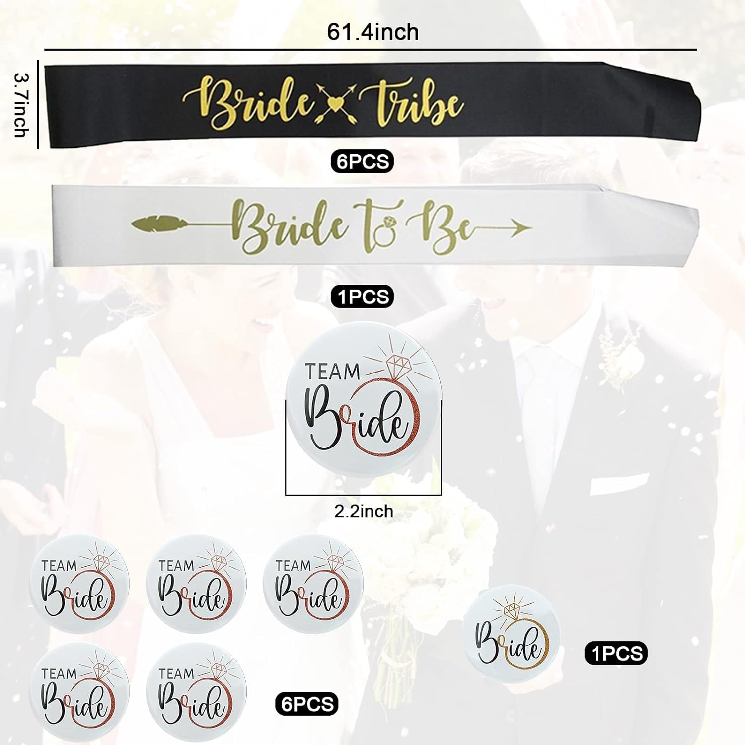 Kit Addio Al Nubilato 14 Pezzi - Spille 'Bride' E 'Team Bride', Fasce In Raso, Per Feste E Matrimoni - Foto 5