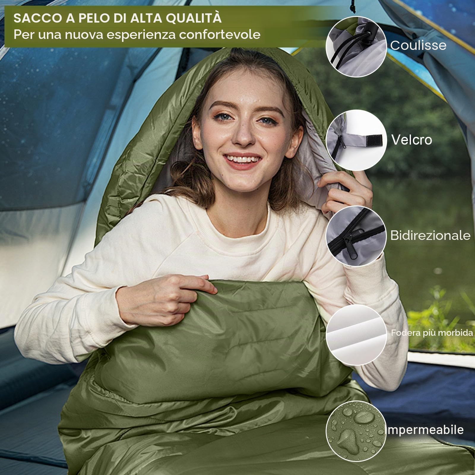 Sacco a Pelo Portatile Verde 1.6kg, 220x85cm Sacco a Pelo 3 Stagioni Impermeabile con Sacco a Compressione, Portatile e Leggero, Adatto per Uso Interno ed Esterno