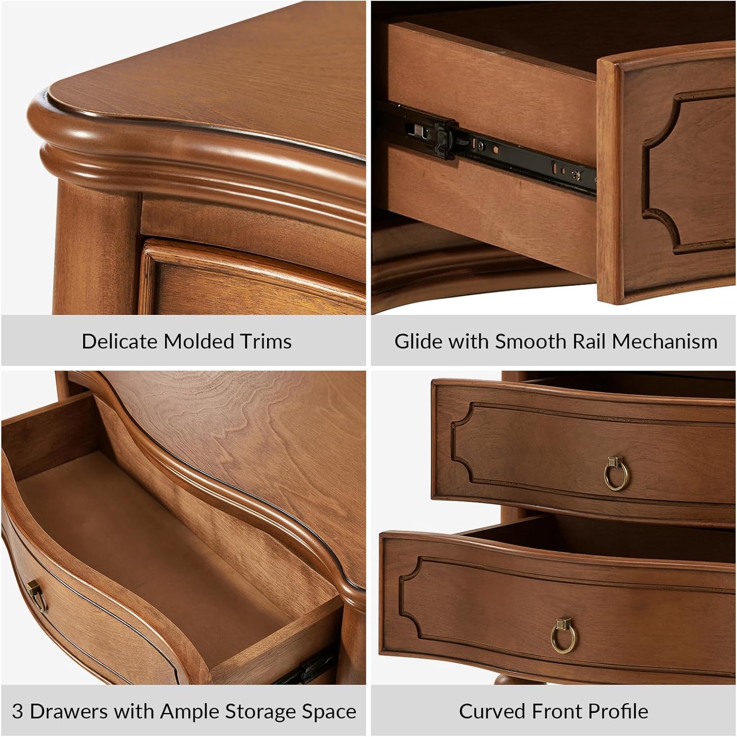 HULALA HOME Traditional Side Tables with 3 Drawers, Tall Side Table with Curved Front Profle Desgin, Charging Station, Solid Wood Legs, Set of 2, Walnut