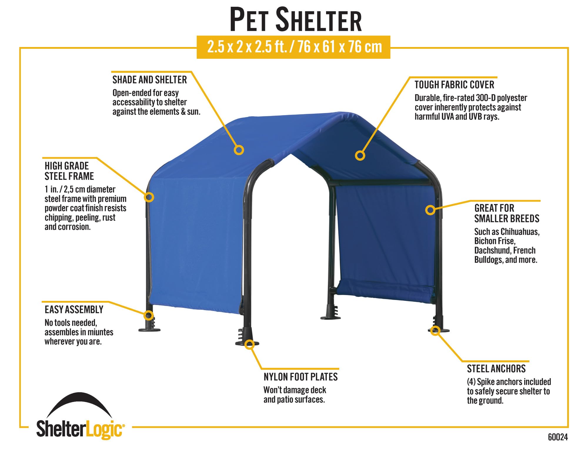 ShelterLogic Toldo versátil para Mascotas de 2.5 pies, para Perros de Raza pequeña, Gatos, Animales pequeños y Ganado, Color Azul
