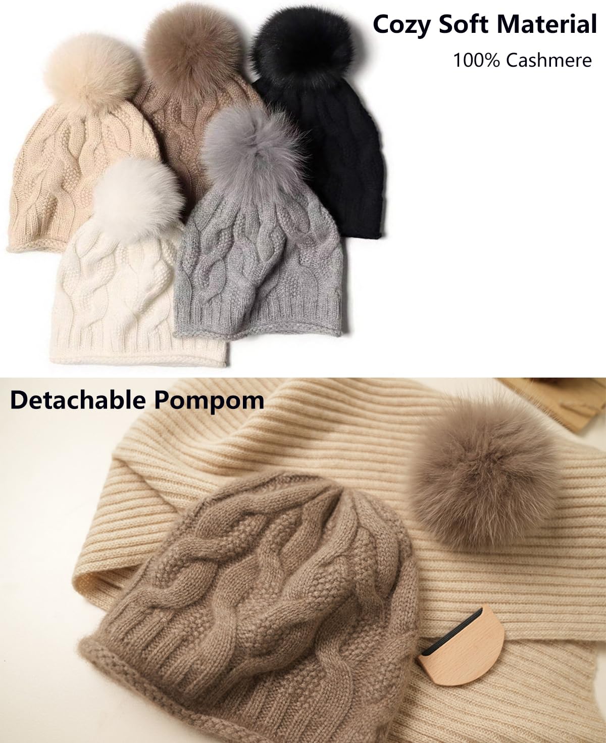YUONNY Damska dzianinowa czapka beanie z dużym odpinanym pomponem, 100% kaszmiru, miękka, ciepła dzianinowa czapka z pomponem, damska zimowa wszechstronna czapka z pomponem z zawijanymi krawędziami