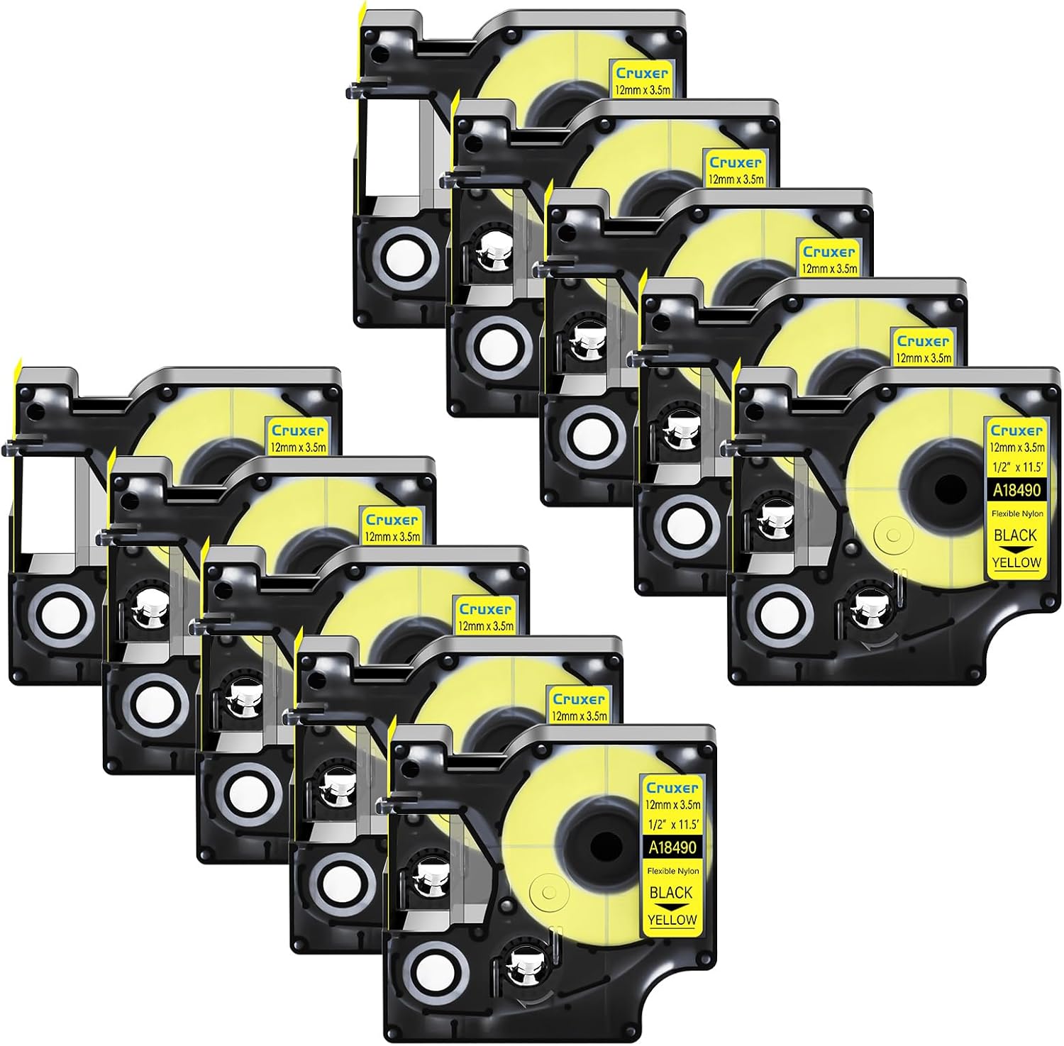 Compatible 18490 Industrial Labels Replacement for Dymo Rhino Labels Black Print on Yellow Nylon Tape for Dymo Rhino 5200 4200 5000 6000 Industrial Label Makers, 1/2" x 11.5'(12mm x 3.5m), 10-Pack
