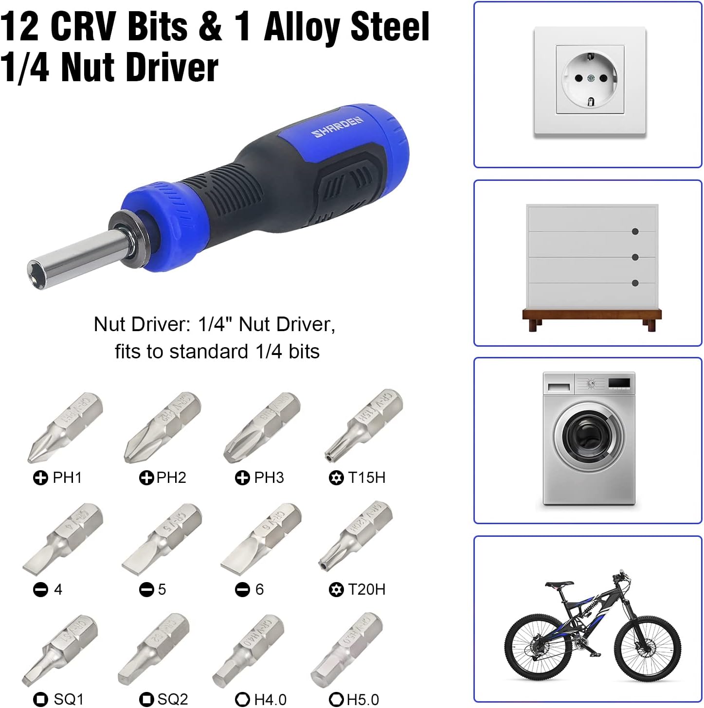SHARDEN Multibit Screwdriver 13-in-1 and 1/4 Mini Ratchet Set 32-in-1 Bundle