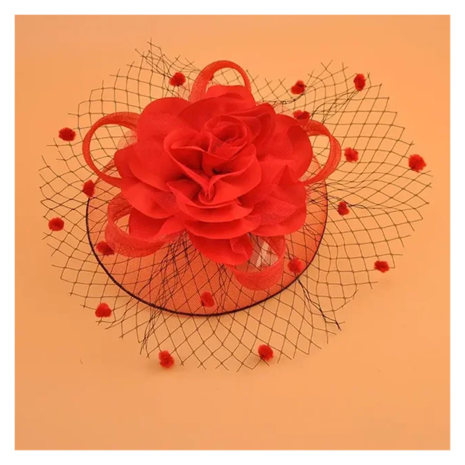 UALXPAO Wedding Hats Women Mesh Fascinator Cocktail Tea Party Hat Hair Accessories Wedding Church Headwear with Veil Flower Dots for Tea Party,Weddings(Red)