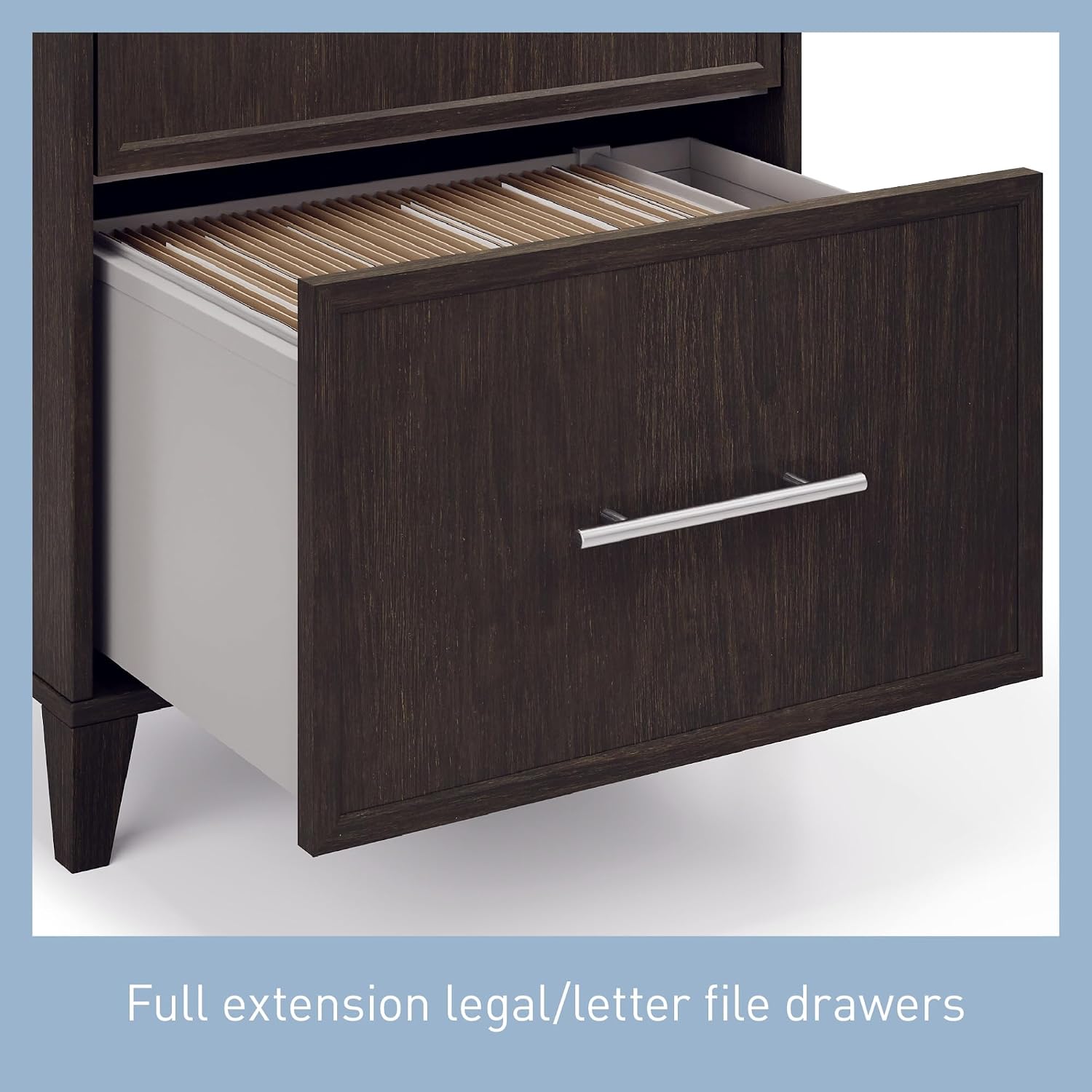 Open drawer of the Realspace Koru file cabinet with hanging files