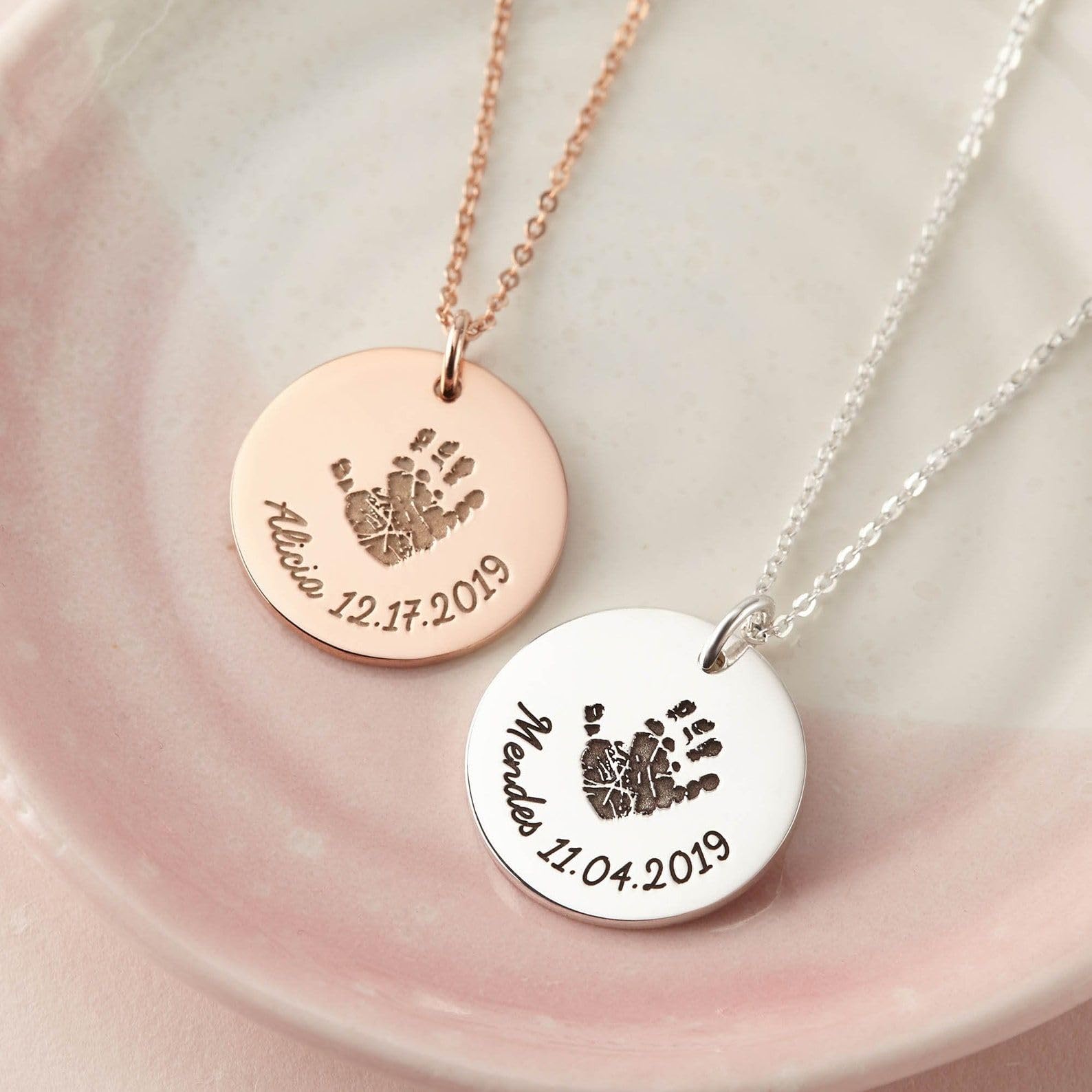 Huella de mano collar, huella de mano de bebé, nueva mamá Día de la Madre conmemorativo joya niño pérdida bebé pérdida collar Día de la Madre Navidad cumpleaños aniversario