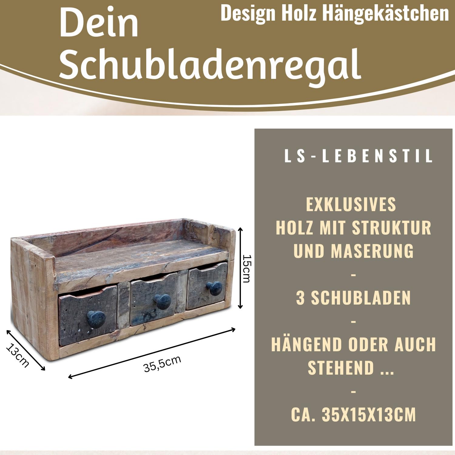 LS-LebenStil Vintage Küchenregal Unika 35cm hängend Factory Braun