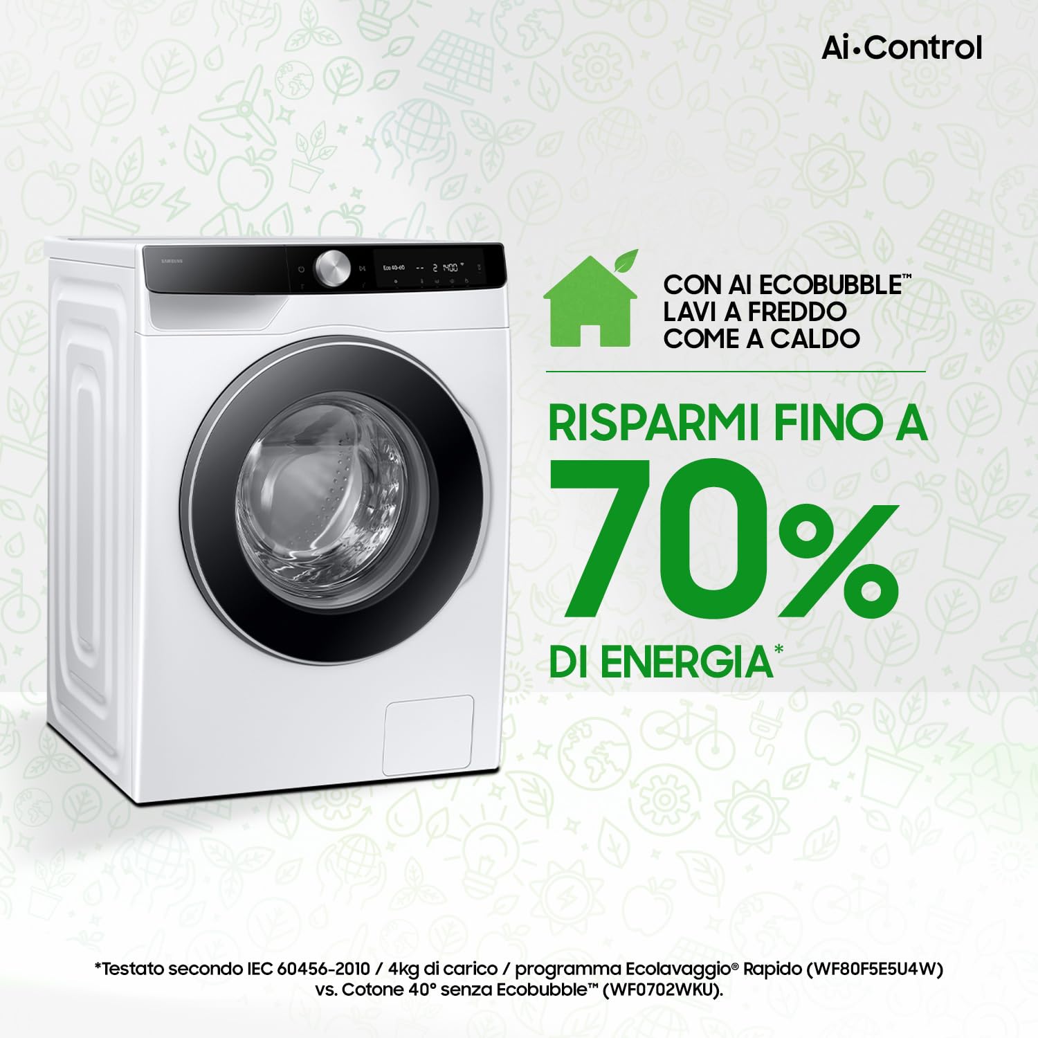 Samsung Lavatrice AI Control WW10FG6U34LK/U3, 10 Kg, AI Energy Mode, AI Ecobubble, Carica Frontale, Corpo: Bianco, Oblò e Display: Nero, 60l x 85h x 55p cm