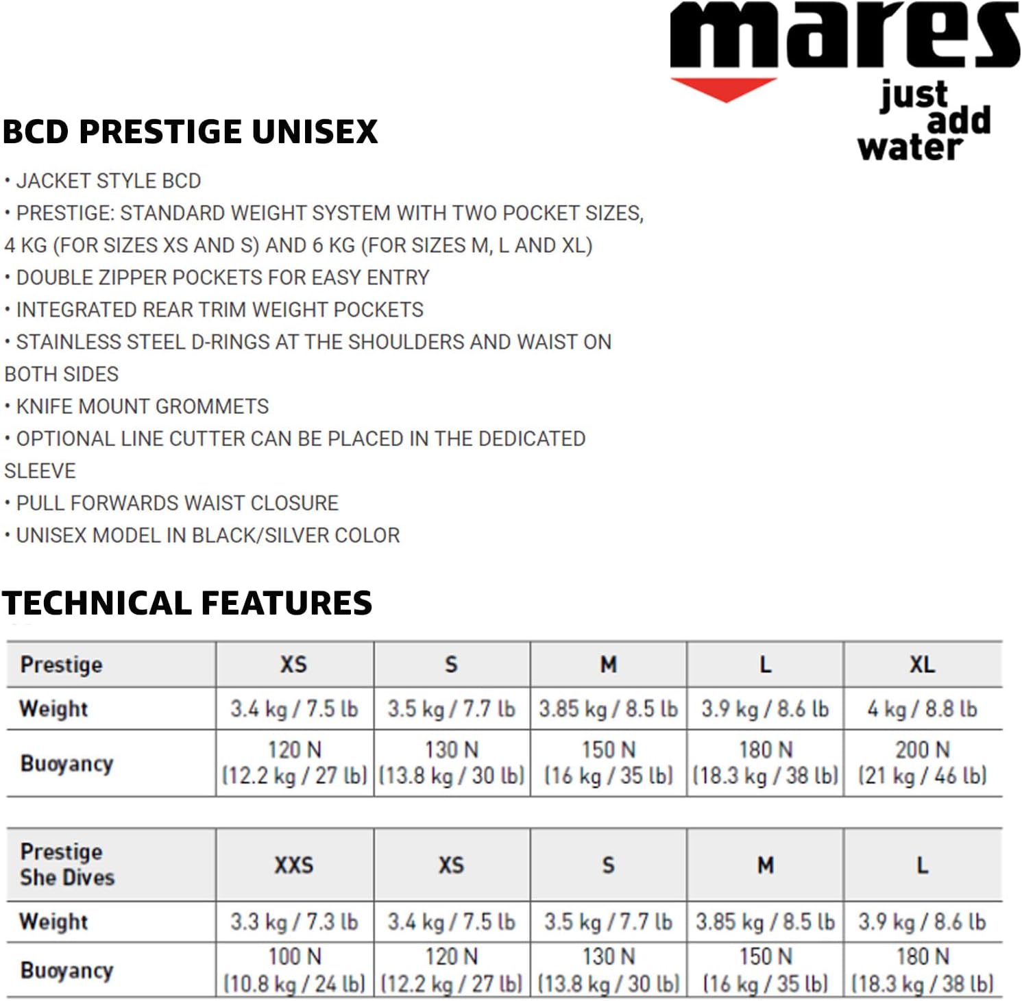 Mares Unisex Prestige BCD - Durable Adjustable Lightweight Versatile Scuba Diving Jacket-Style BCD