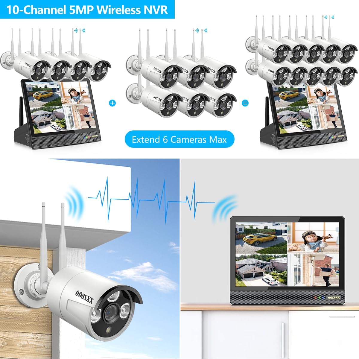 (10CH All in One Monitor) Home Security Cameras Wireless Outdoor Security Camera System,WiFi NVR Network Surveillance Video Recorder Indoor House Alarm