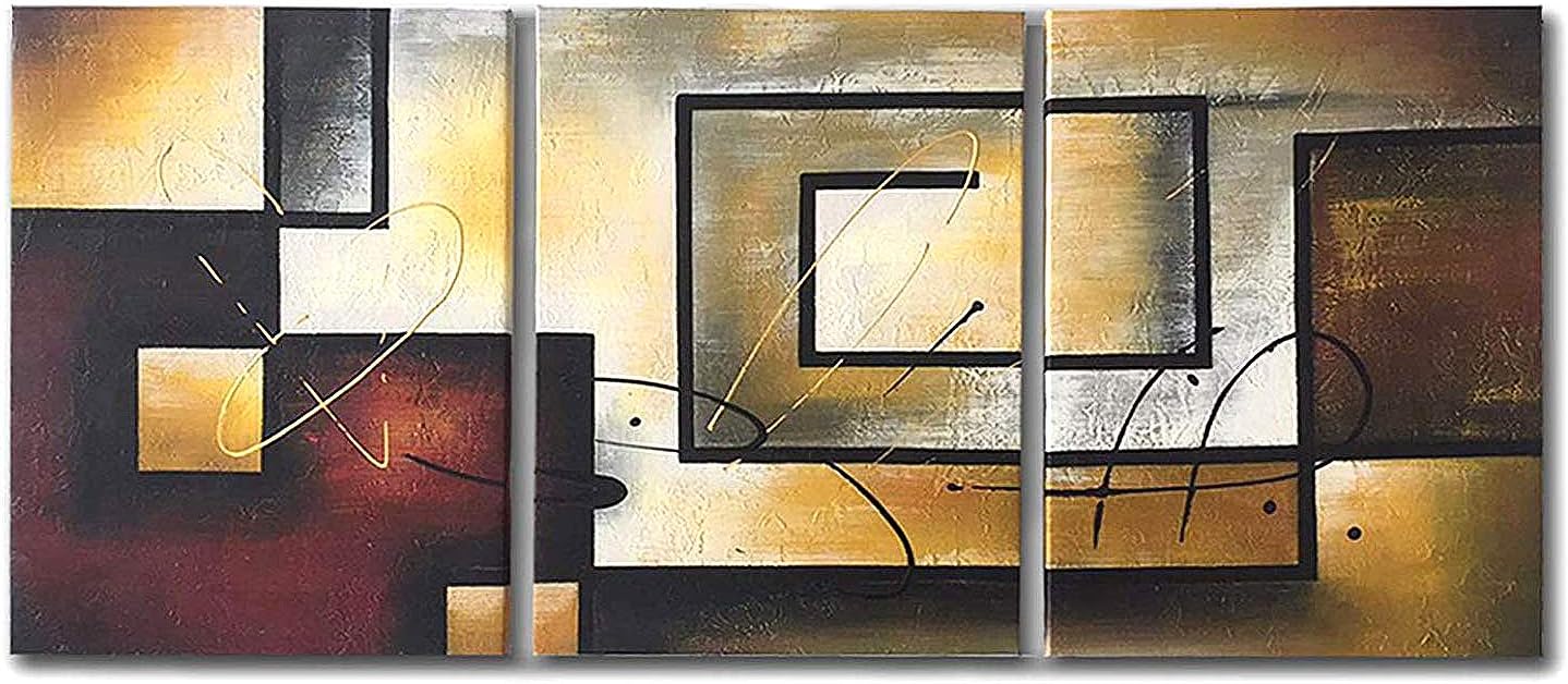 Mon Art Abstract Geometry Oil Painting Wall Art Hand Painted Canvas Paint Vintage Picture for Office Bedroom Bathroom Decoration Living Room Home Decor Modern Contemporary Artwork 12"x16" 3Pcs,Framed