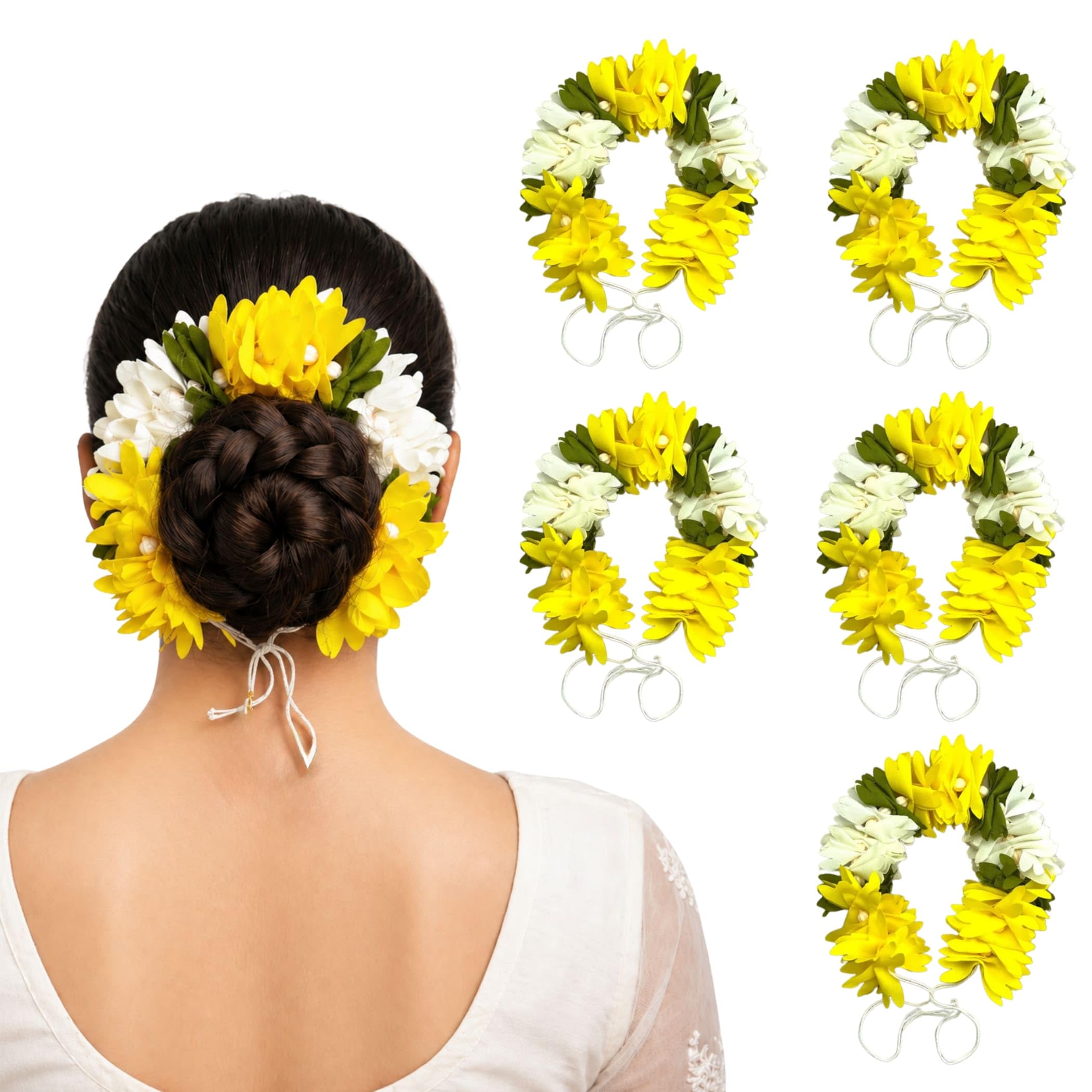 LOVENSPIRE 5 Pack Artificial Gajra for Hair Indian Bun Traditional Veni Bridal Hair Accessories Jewelry for Women Floral Fabric Hair Accessory for Wedding Party Teej Karva Chauth Puja Reusable Gajras